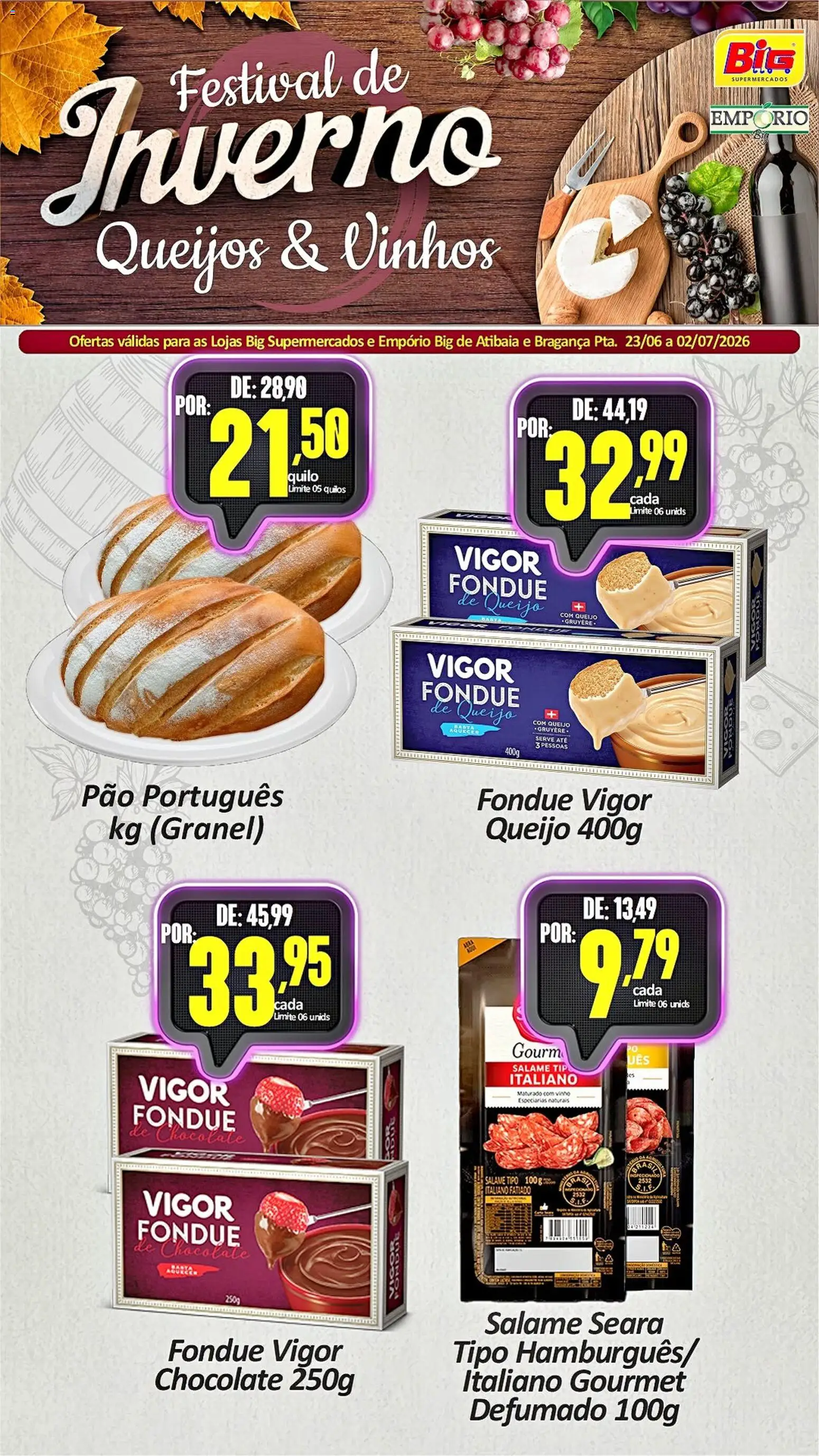 Pré-Visualização do folheto "Big Supermercados ofertas Festival de Inverno" da loja Big Supermercados válido a partir de 23/06/2026 - Chocolate, Vinho, Pão, Queijo, Salame