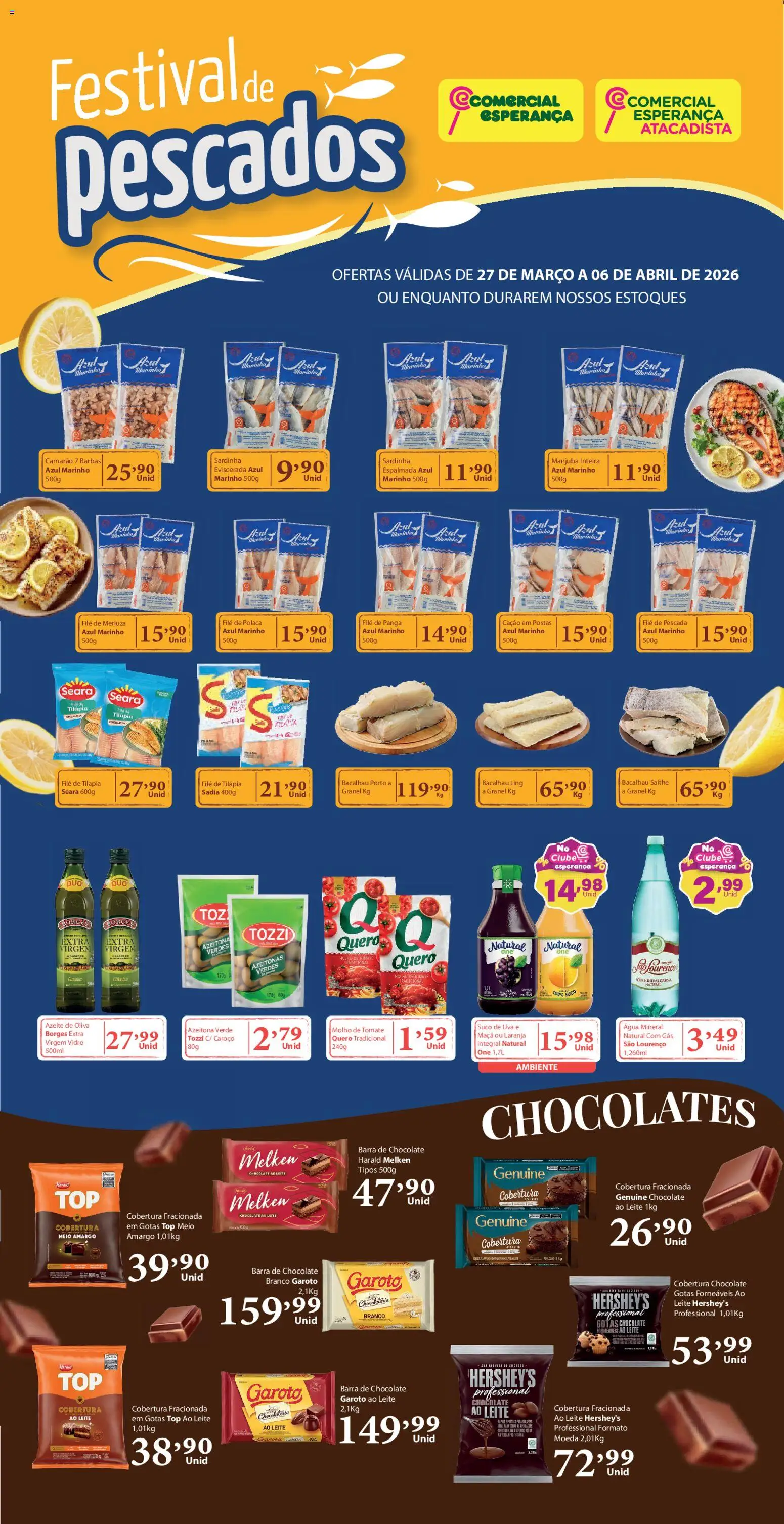 Pré-Visualização do folheto "Comercial Esperança ofertas Festival de Pescados" da loja Comercial Esperança válido a partir de 27/03/2026 - Camarão, Leite, Tomate, Bacalhau, Suco, Azeite de oliva, Tilápia, File de polaca