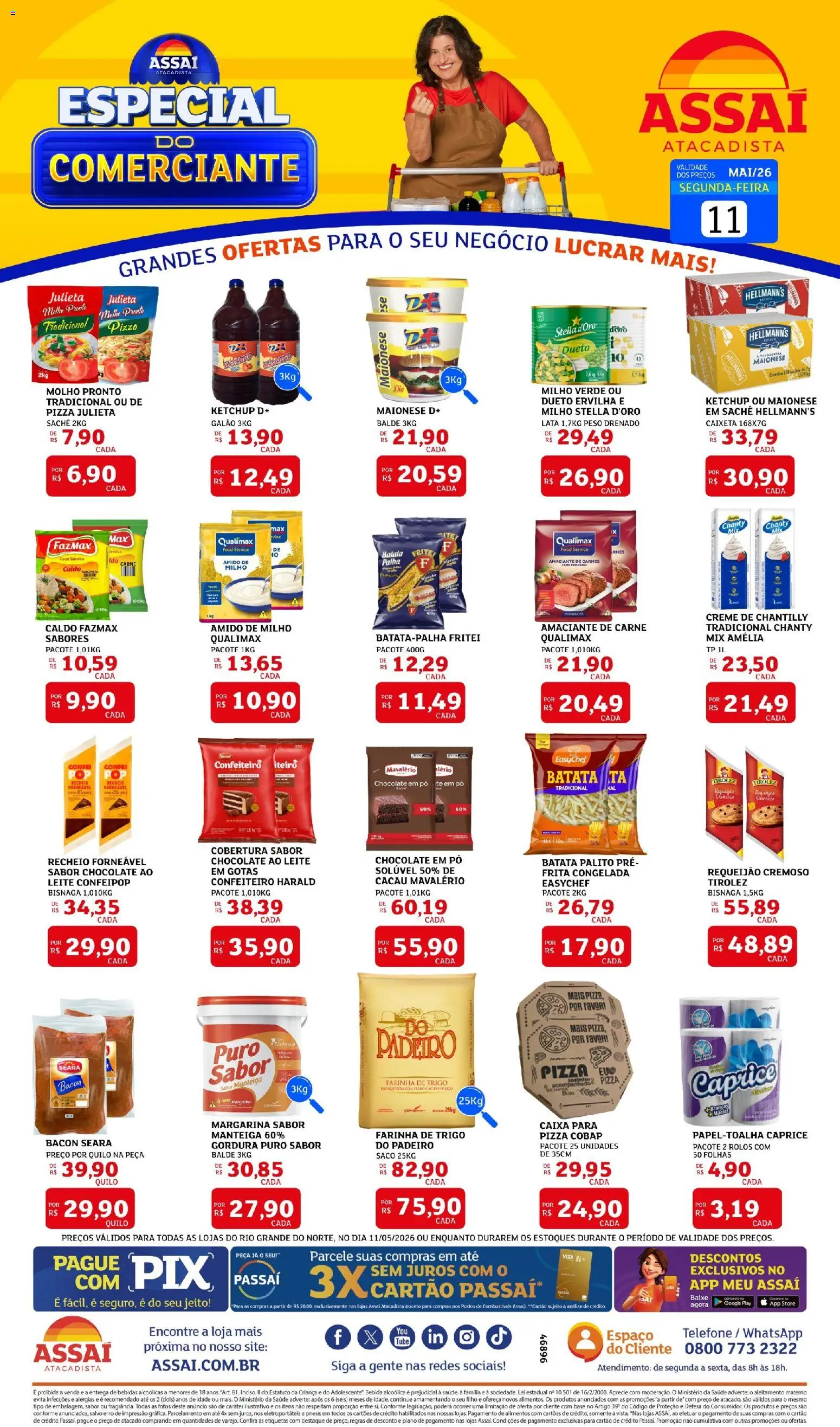 Pré-Visualização do folheto "Assaí Atacadista ofertas - RN" da loja Assaí Atacadista válido a partir de 11/05/2026 - Pizza, Chantilly, Leite, Amido de milho, Amaciante, Pó, Farinha, Margarina