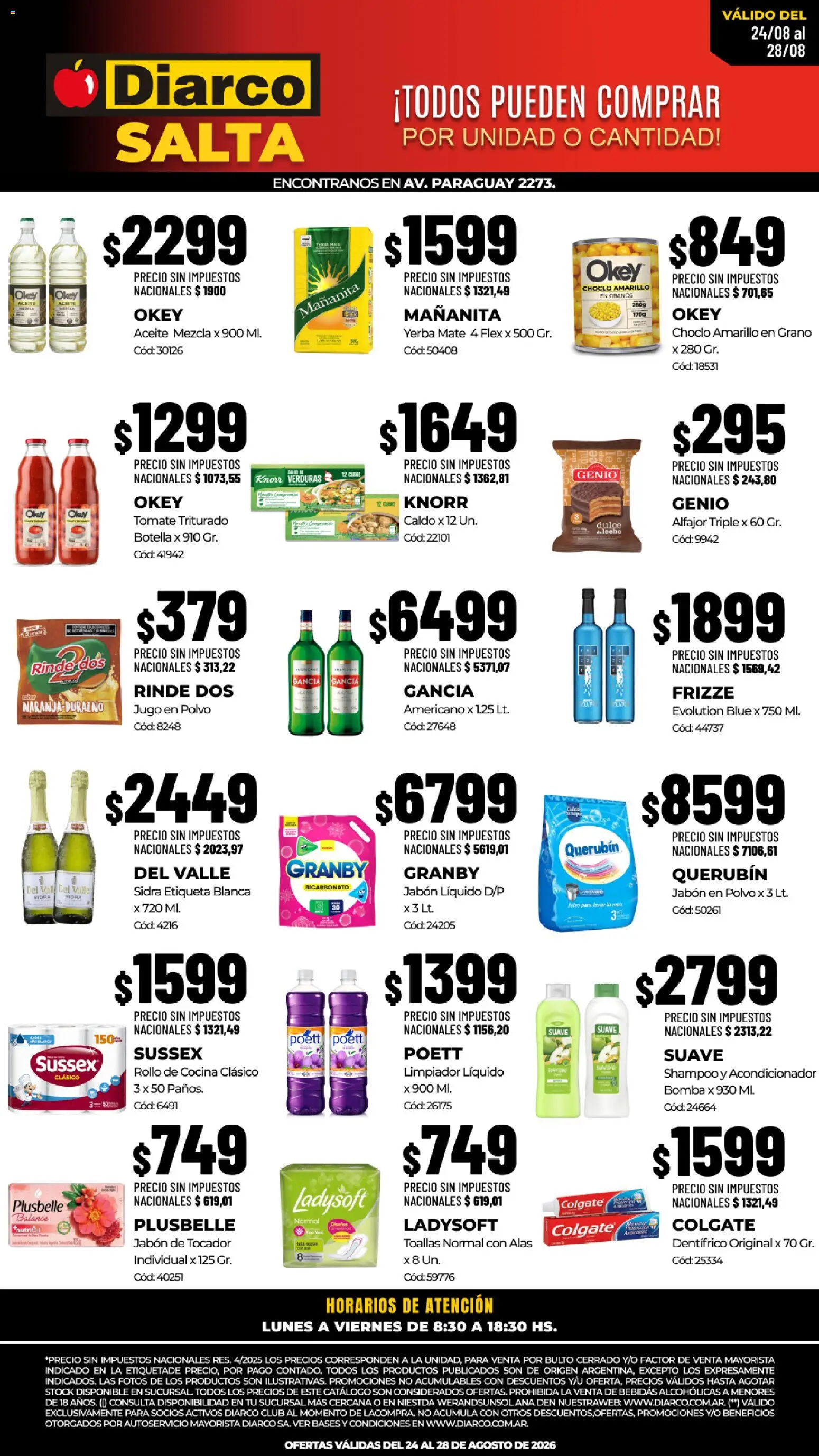Vista previa del folleto de la tienda Diarco válido desde el 24/08/2026 - Alfajor, Verduras, Aceite, Botella, Toallas, Jabón, Individual, Jabón en polvo