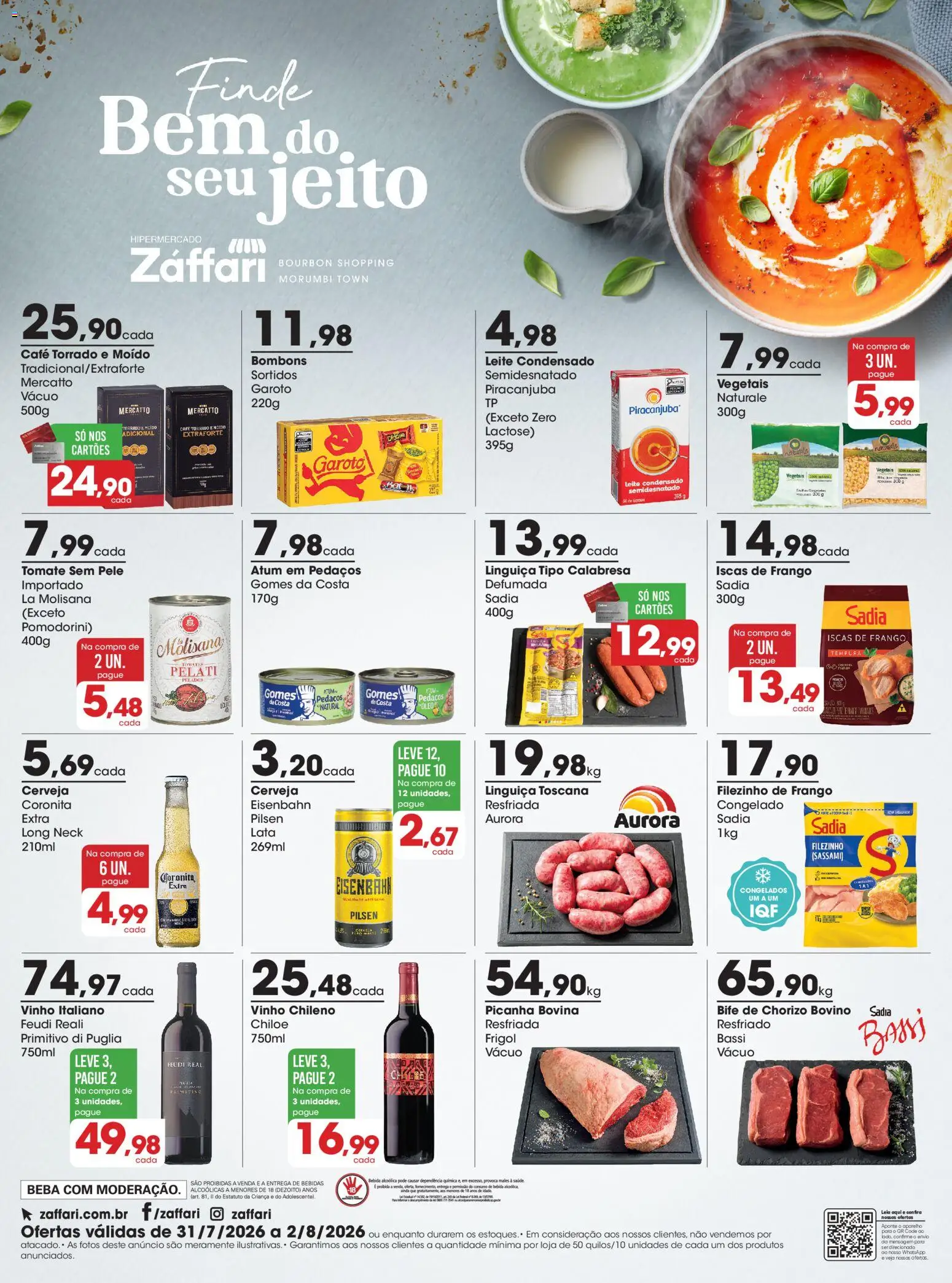 Pré-Visualização do folheto "Zaffari ofertas Final de Semana - SP" da loja Zaffari válido a partir de 31/07/2026 - Vinho, Leite condensado, Picanha, Frango, Tomate, Bourbon, Atum, Linguiça