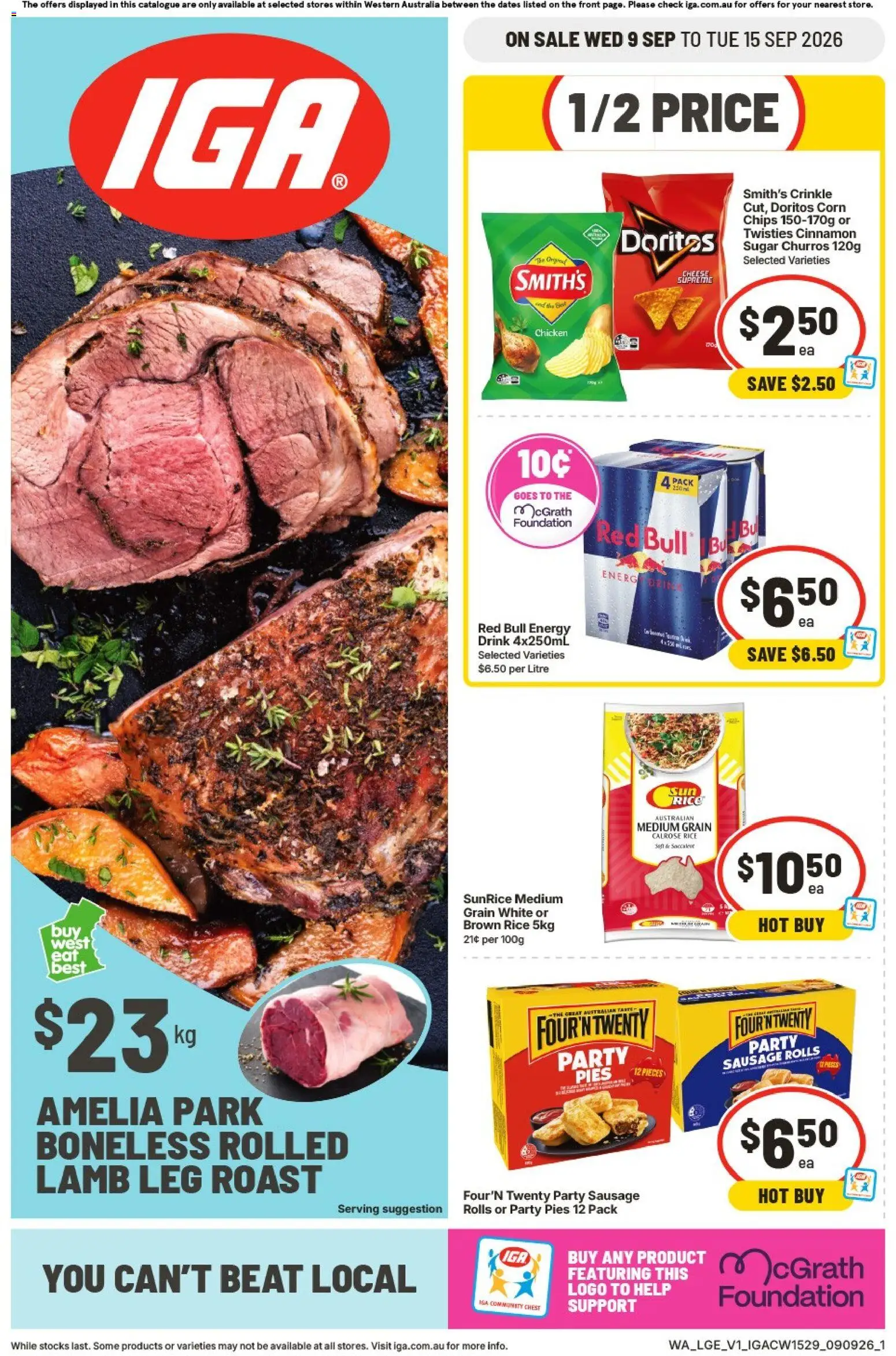 Preview of catalogue IGA catalogue Claremont from shop IGA valid 09/09/2026 - Corn, Brown rice, Chips, Sugar, Sausage, Red Bull, Foundation, Roast