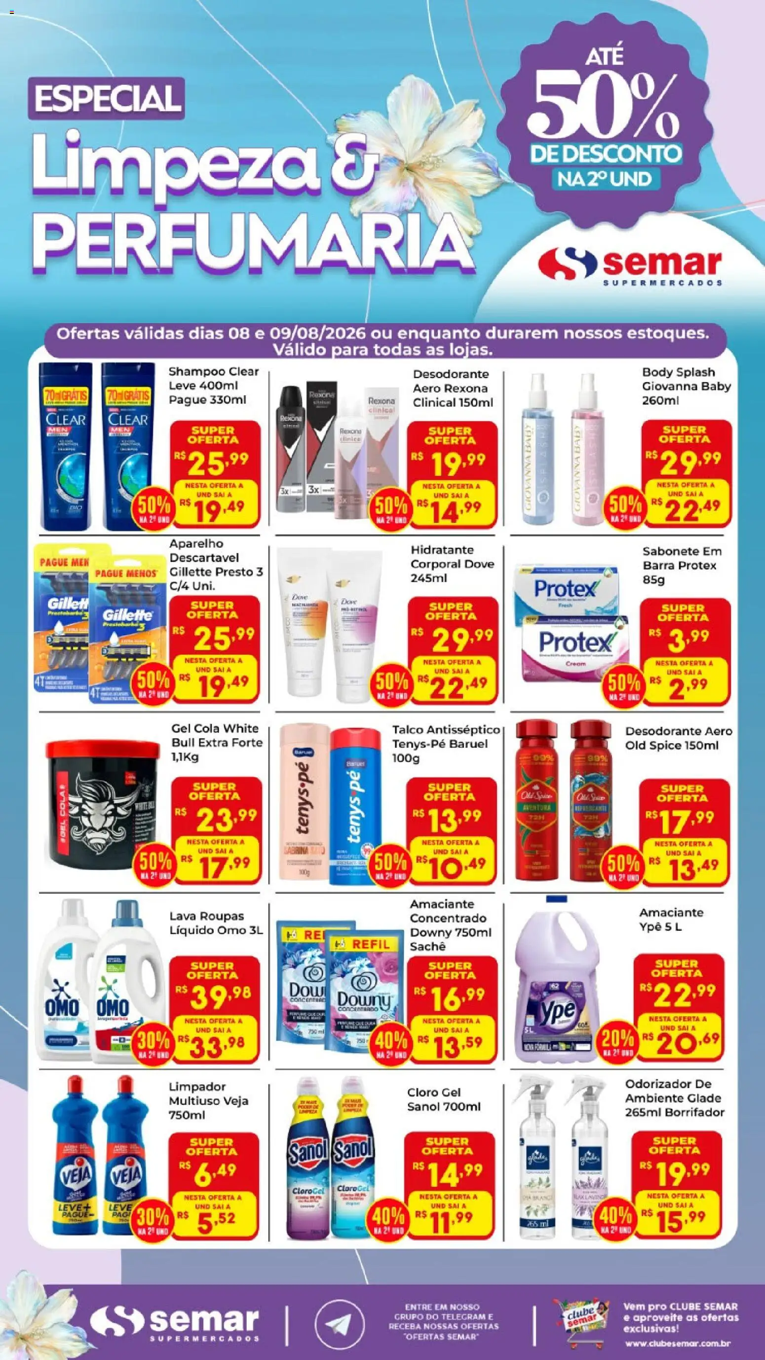 Pré-Visualização do folheto "Semar Supermercado ofertas Limpeza e Perfumaria" da loja Semar Supermercado válido a partir de 08/08/2026 - Roupas, Body, Saia, Cola, Rexona, Dove, Amaciante, Talco