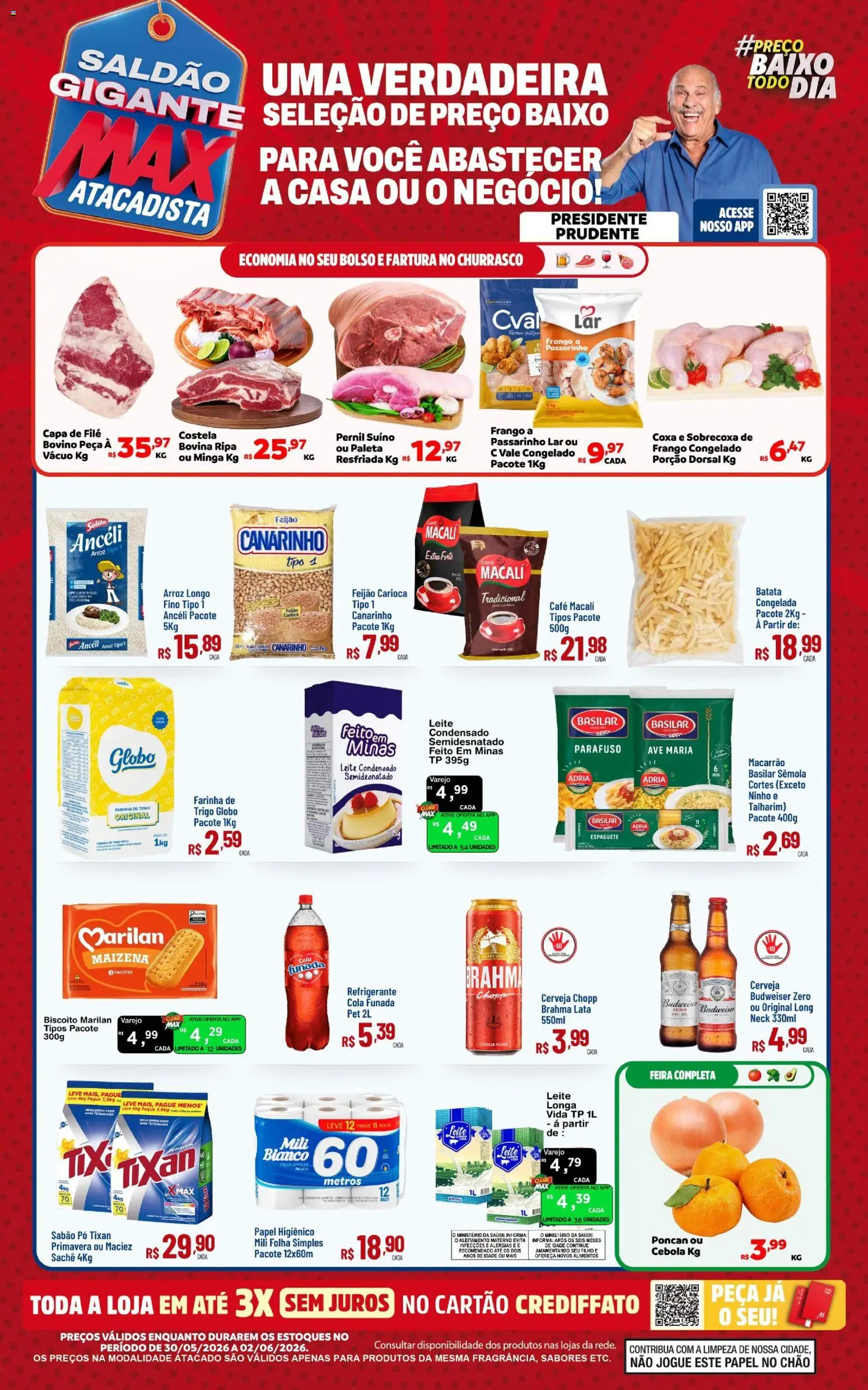 Pré-Visualização do folheto "Max Atacadista - Ofertas da semana" da loja Max Atacadista válido a partir de 30/05/2026 - Cerveja, Arroz, Feijão, Biscoito, Talharim, Cola, Espaguete, Pernil suíno