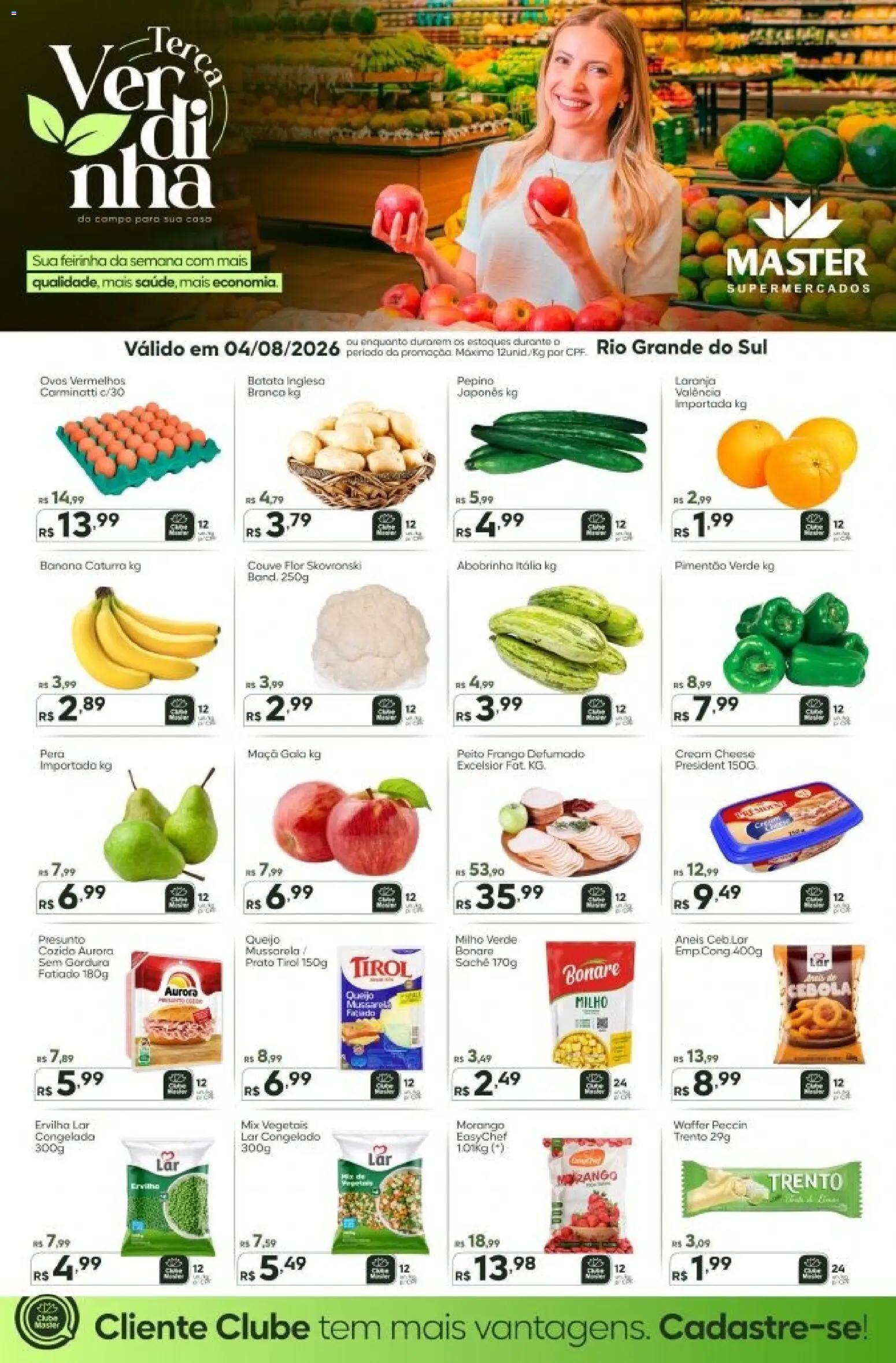 Pré-Visualização do folheto "Master ofertas do Dia" da loja Master válido a partir de 04/08/2026 - Queijo, Batata, Mussarela, Couve, Presunto, Milho verde, Ervilha, Pimentão
