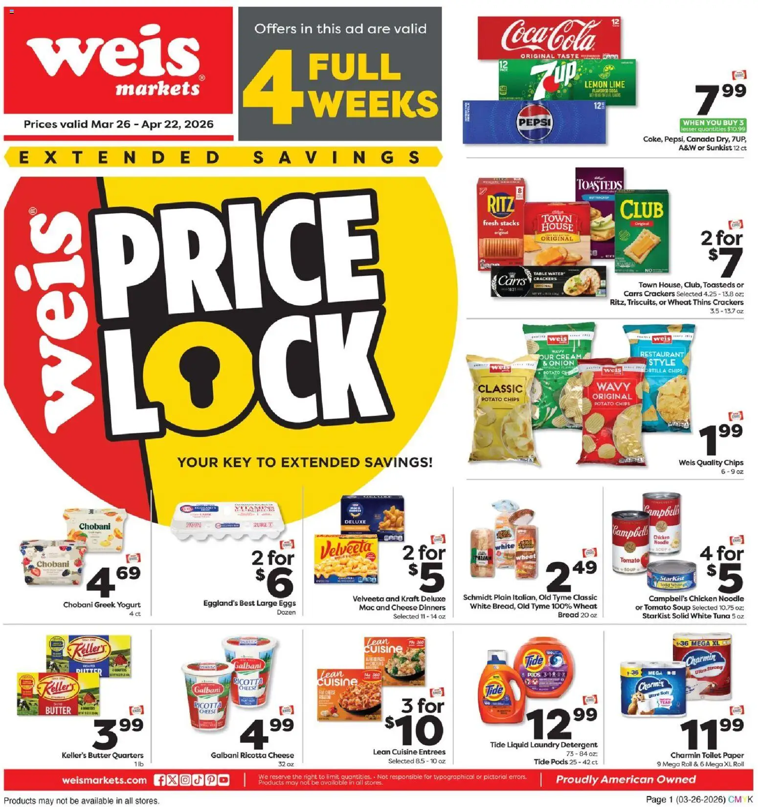 Ad Preview of Weis Weis Monthly Ad from 03/26/2026 - Cheese, Bread, Yogurt, Greek yogurt, Potato chips, Detergent, Ricotta, Chicken