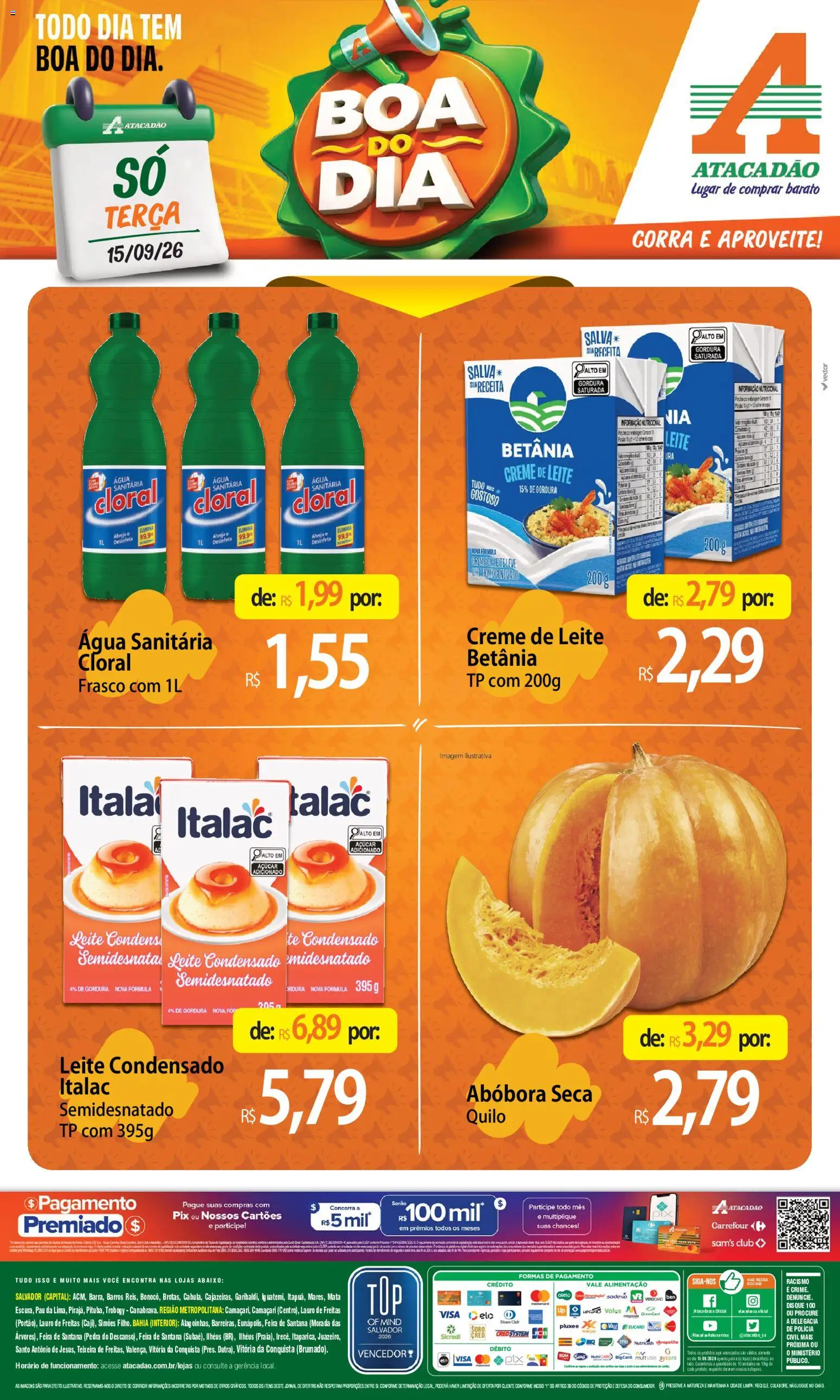 Pré-Visualização do folheto "Atacadão ofertas - BA" da loja Atacadão válido a partir de 15/09/2026 - Água, Leite condensado, Abóbora, Leite, Açúcar, Creme de leite, Creme, Água sanitária