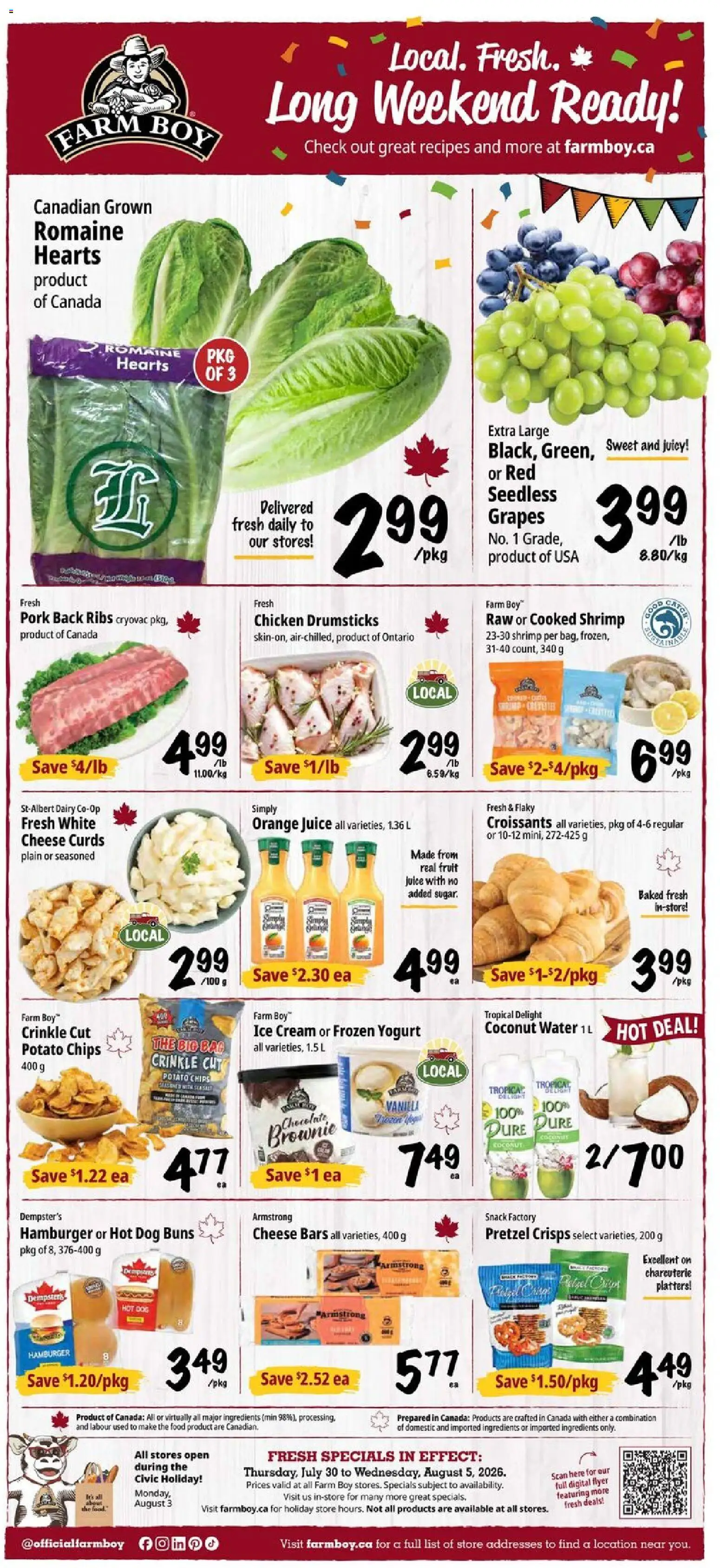 Preview of leaflet Farm Boy weekly flyer / circulaire from shop Farm Boy is valid from Jul 30, 2026 - Food, Chicken, Fruit, Chips, Shrimp, Cream, Chicken drumsticks, Crisps