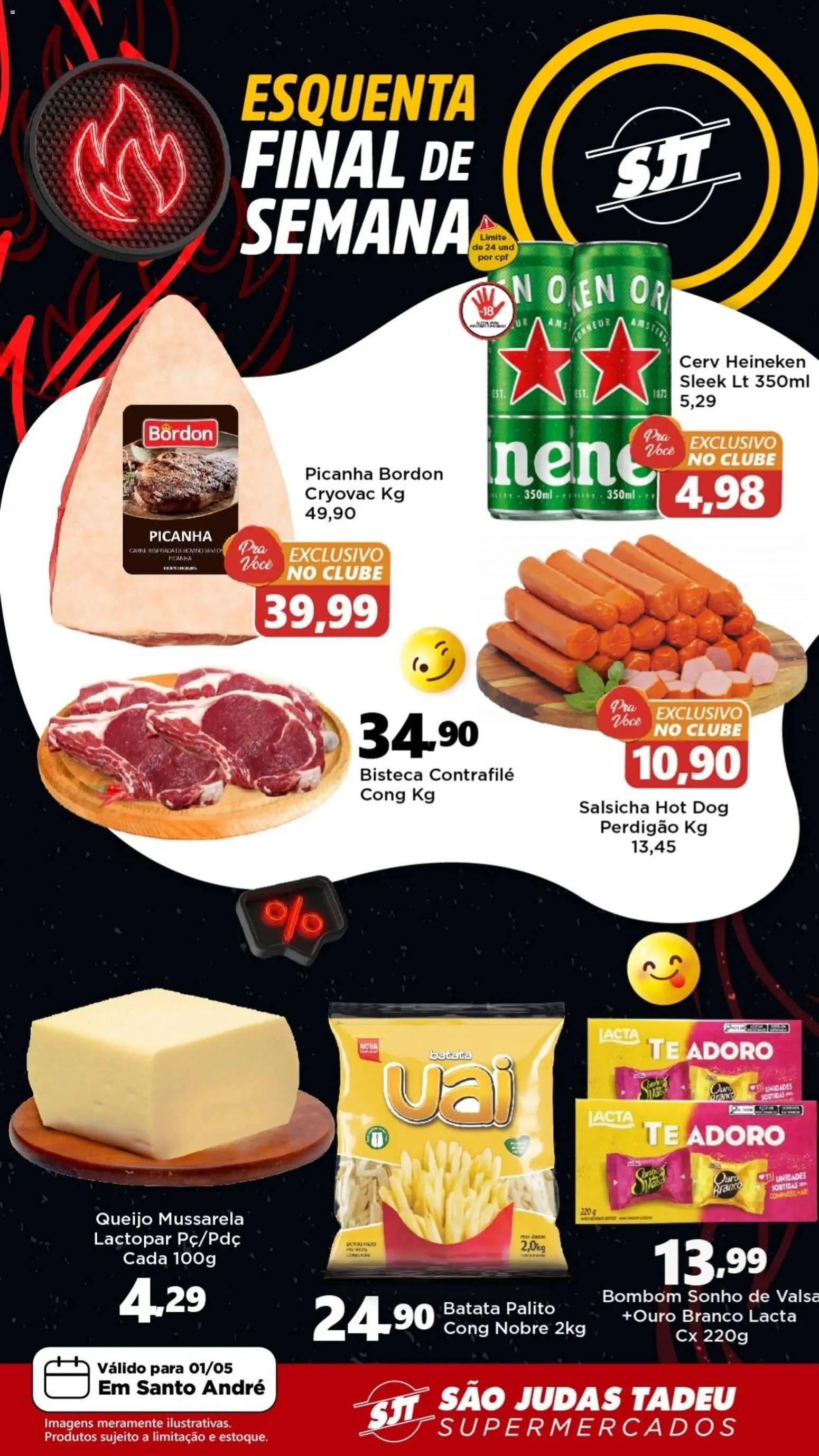 Pré-Visualização do folheto "São Judas Tadeu - Ofertas da semana" da loja São Judas Tadeu válido a partir de 01/05/2026 - Heineken, Salsicha, Picanha, Queijo, Batata, Mussarela, Bombom, Picanha Bordon