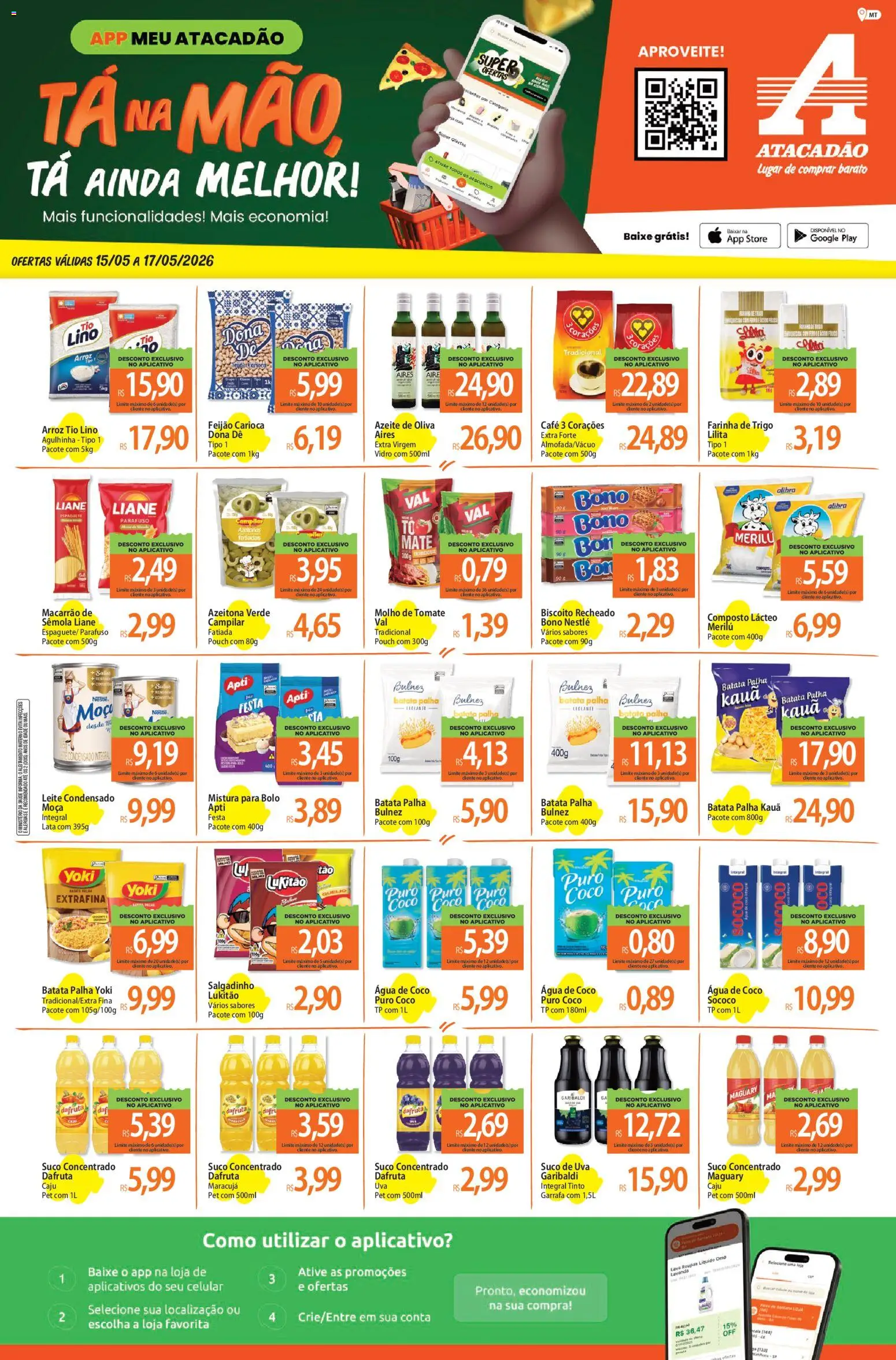 Pré-Visualização do folheto "Atacadão ofertas - MT" da loja Atacadão válido a partir de 15/05/2026 - Leite condensado, Batata, Azeite, Tomate, Farinha de trigo, Molho de tomate, Batata palha, Macarrão de sêmola