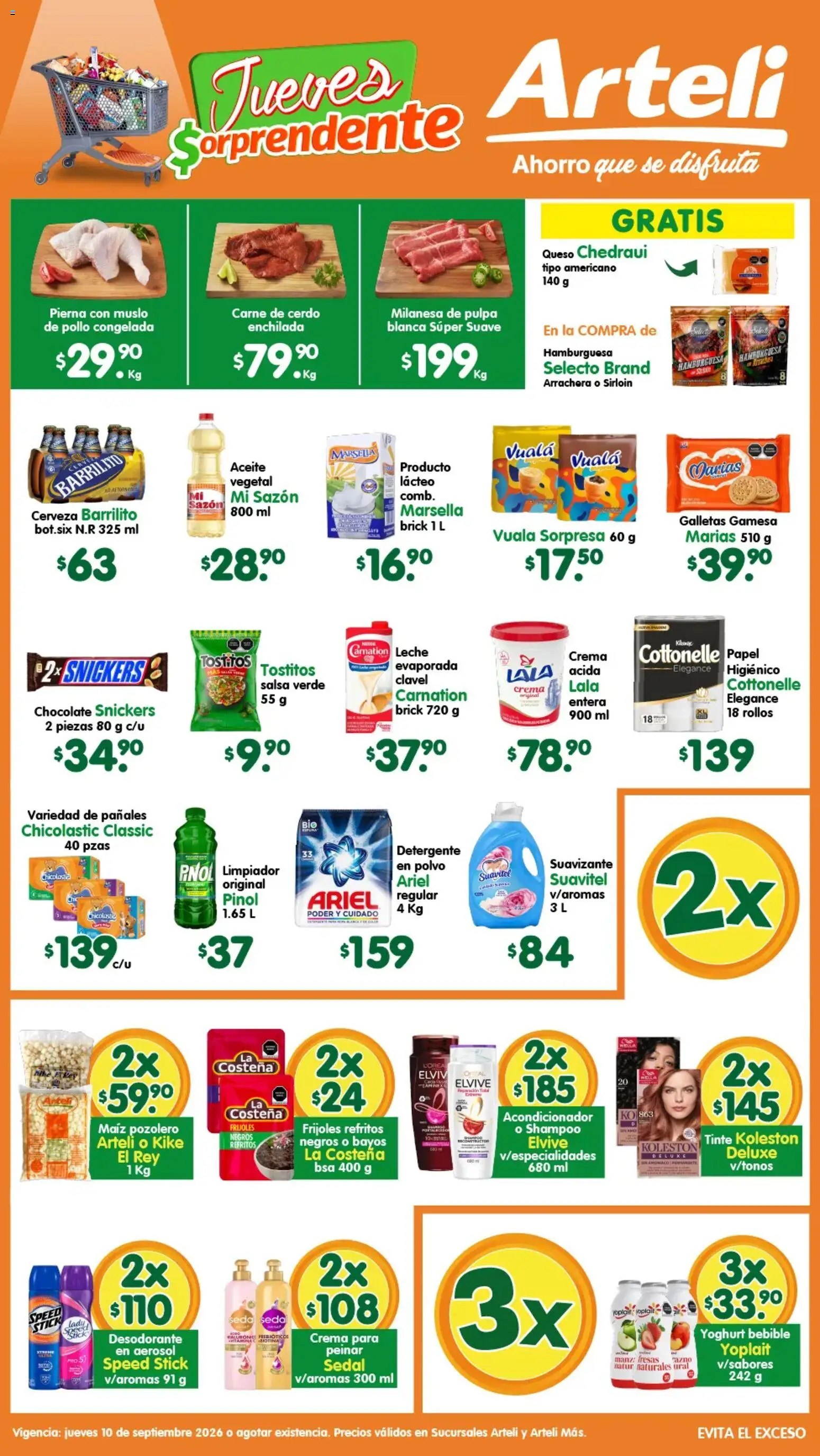 Vista previa las ofertas de la tienda Arteli - Arteli folleto desde el 10/09/2026 - Pollo, Leche, Frijoles, Aceite, Snickers, Cerdo, Pañales, Detergente en polvo