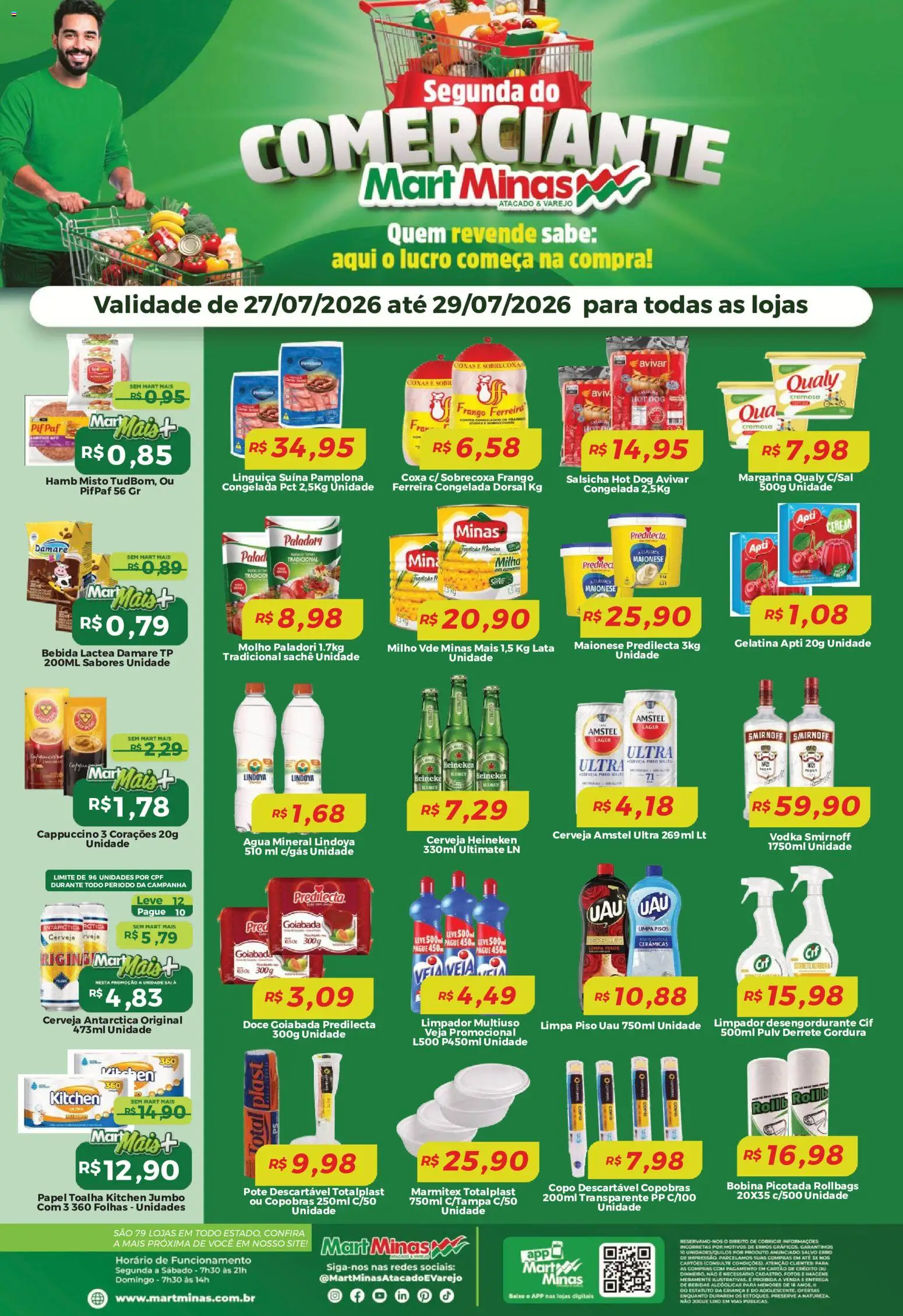 Pré-Visualização do folheto "Mart Minas ofertas Segunda do Comerciante" da loja Mart Minas válido a partir de 27/07/2026 - Heineken, Goiabada, Gelatina, Papel toalha, Margarina, Desengordurante, Limpa piso, Limpador multiuso