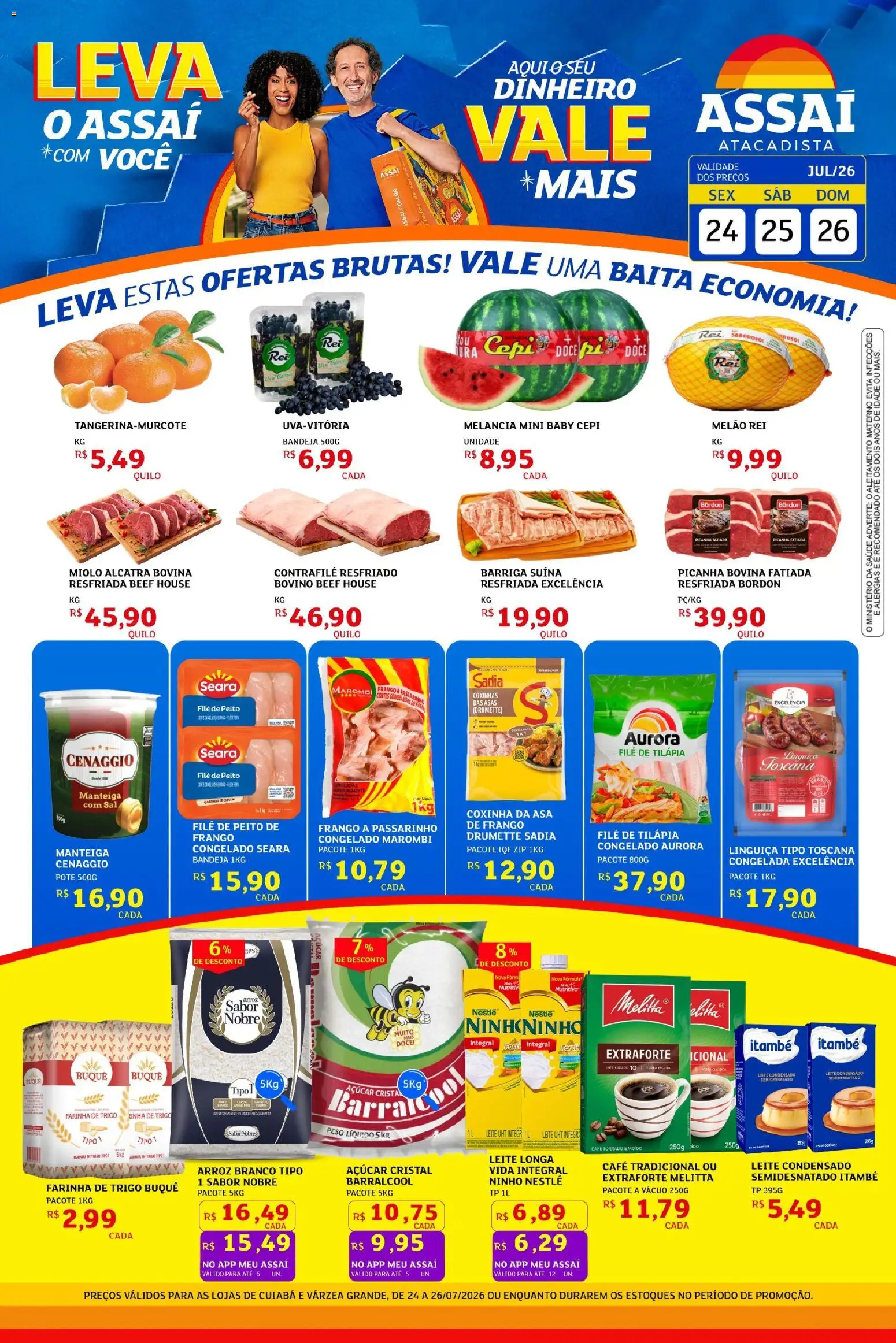 Pré-Visualização do folheto "Assaí Atacadista ofertas - MT" da loja Assaí Atacadista válido a partir de 24/07/2026 - Sal, Açúcar, Peito de frango, Farinha de trigo, Linguiça, Alcatra, Bandeja, Melão