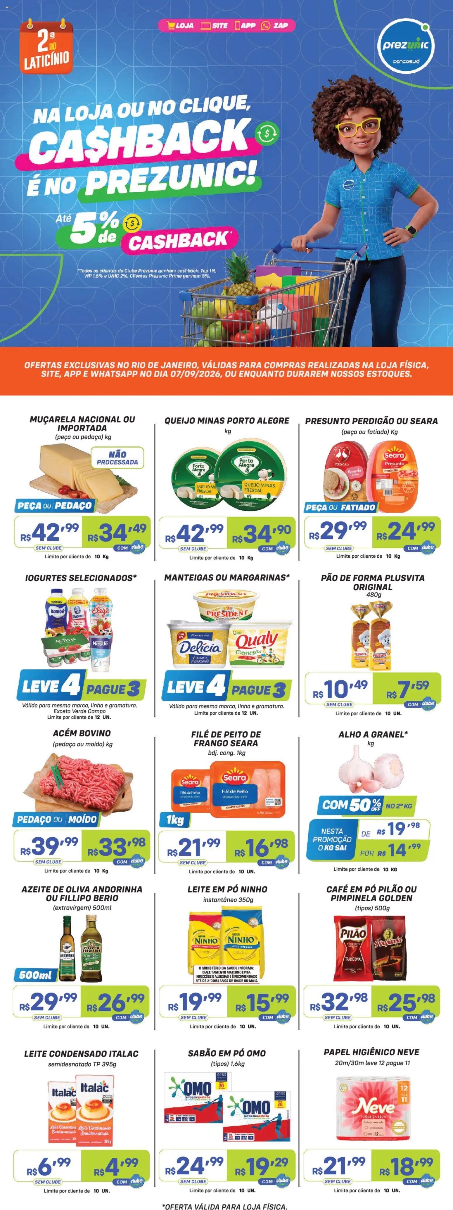 Pré-Visualização do folheto "Prezunic ofertas" da loja Prezunic válido a partir de 07/09/2026 - Leite, Frango, Pão de forma, Papel higiênico, Sabão em pó, Pó, Muçarela, Acém