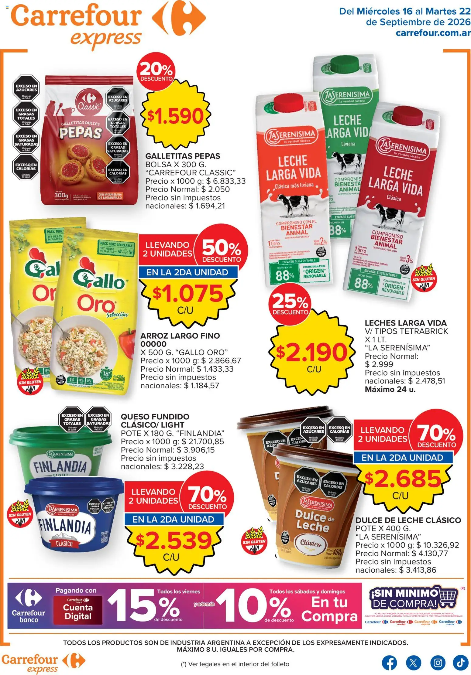 Vista previa del folleto de la tienda Carrefour Express válido desde el 16/09/2026 - Bolsa, Dulce de leche, Arroz, Galletitas, Mermelada, Dulce, Dulces, Queso fundido