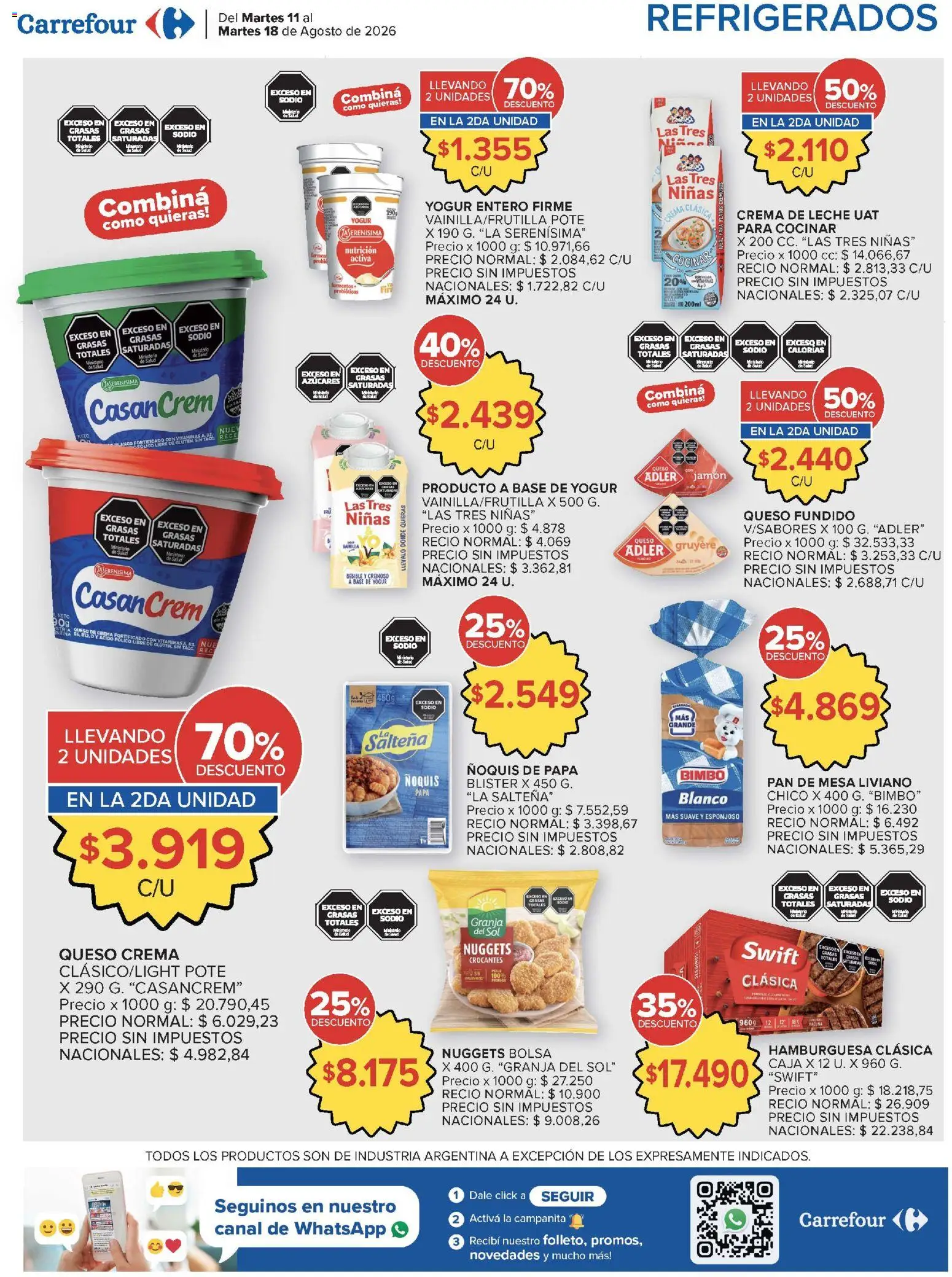 Vista previa del folleto de la tienda Carrefour válido desde el 11/08/2026 - Papa, Bolsa, Probióticos, Pan, Mesa, Queso crema, Leche, Crema
