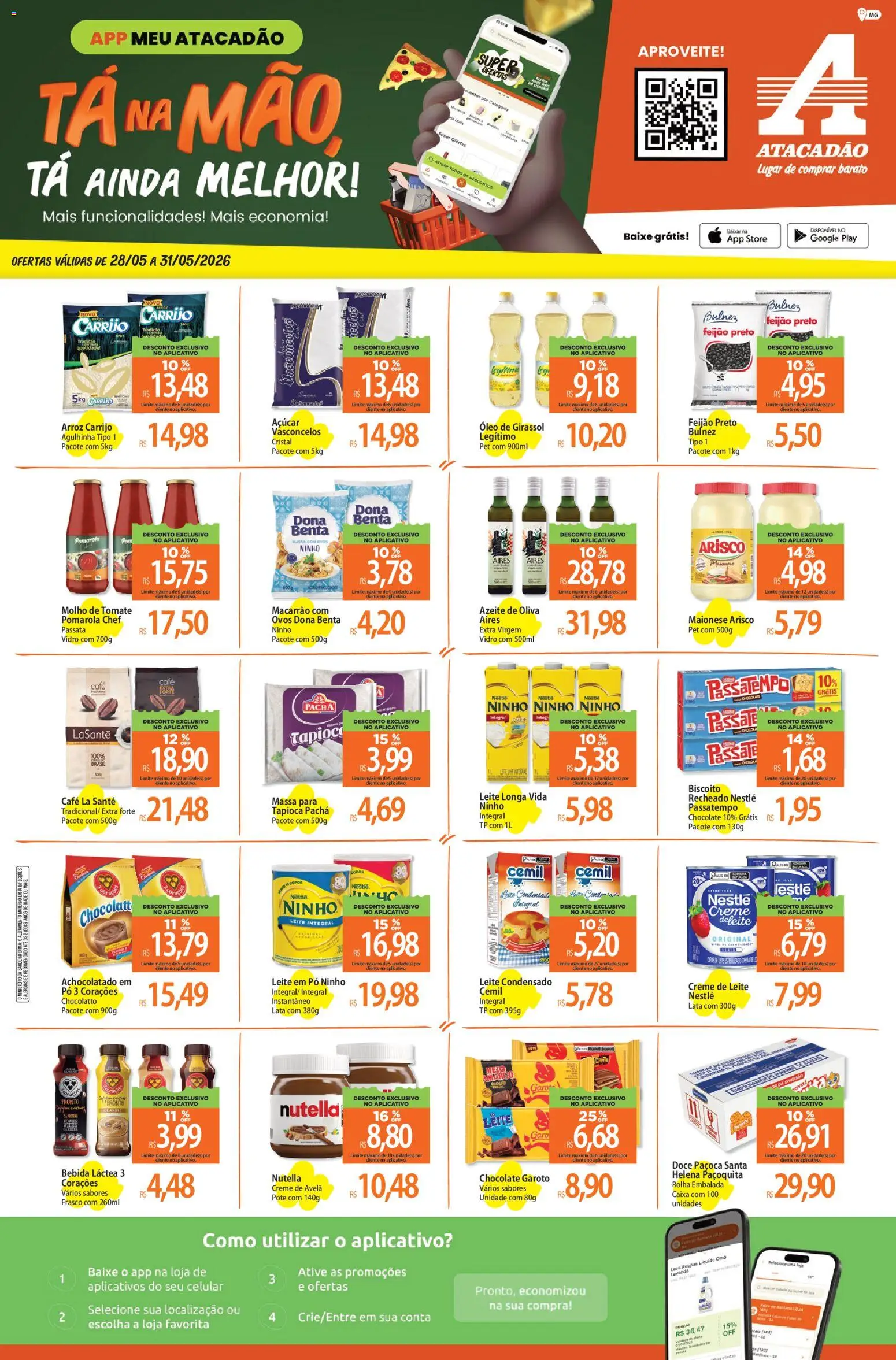 Pré-Visualização do folheto "Atacadão ofertas - MG" da loja Atacadão válido a partir de 28/05/2026 - Macarrão, Ovos, Arroz, Biscoito, Açúcar, Creme de leite, Azeite de oliva, Avelã