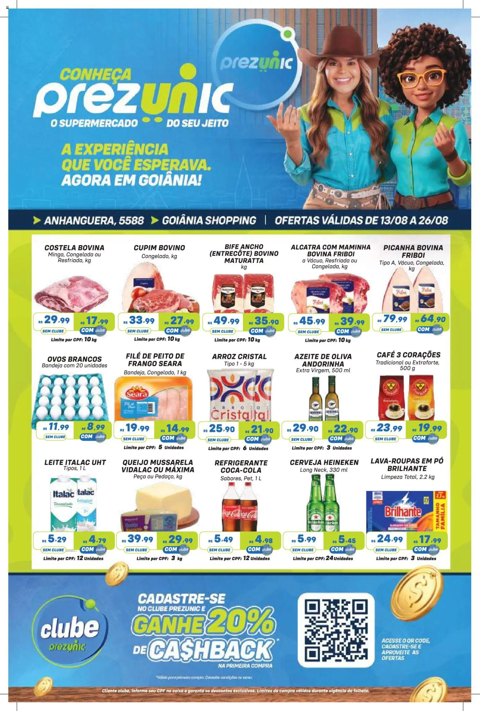 Pré-Visualização do folheto "Prezunic ofertas Goiania" da loja Prezunic válido a partir de 13/08/2026 - Caixa, Heineken, Ovos, Leite, Queijo, Refrigerante, Azeite de oliva, Alcatra
