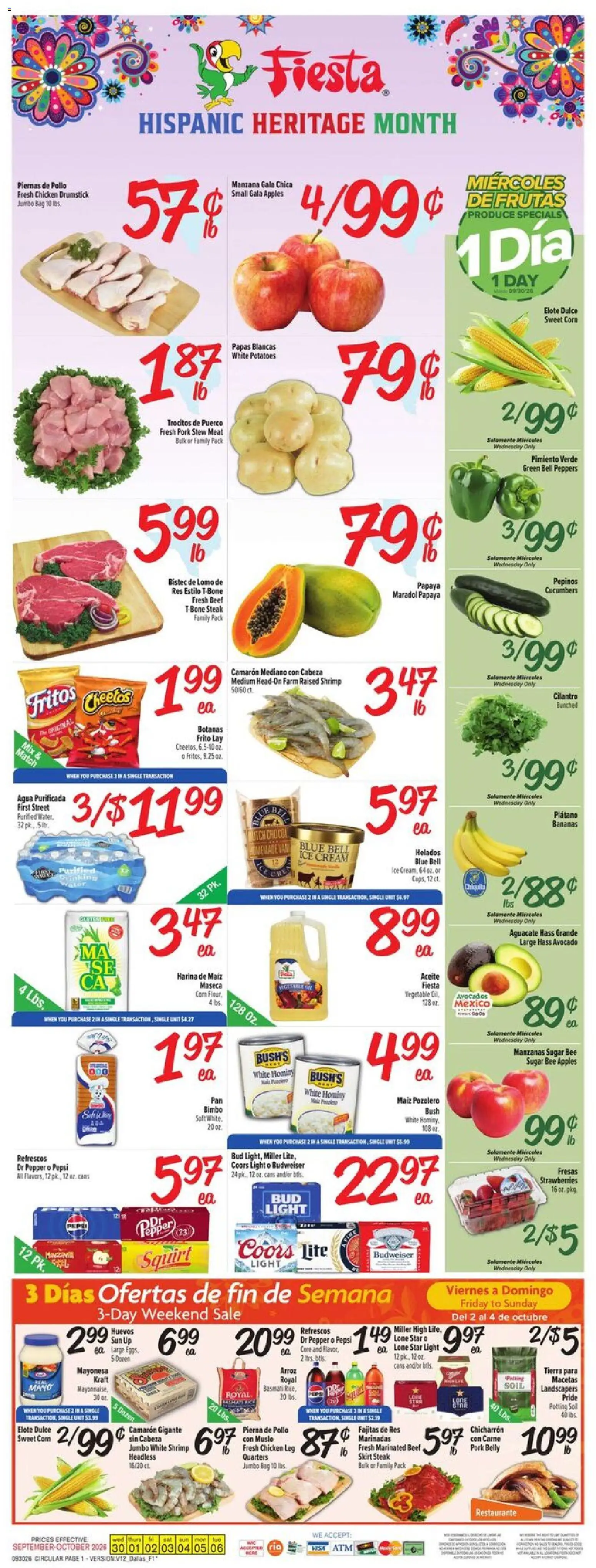 Ad Preview of Fiesta Mart Fiesta Mart Weekly Ad from 09/30/2026 - Ice cream, Ice, Bananas, Shrimp, Cucumbers, Bag, Soil, Chicken