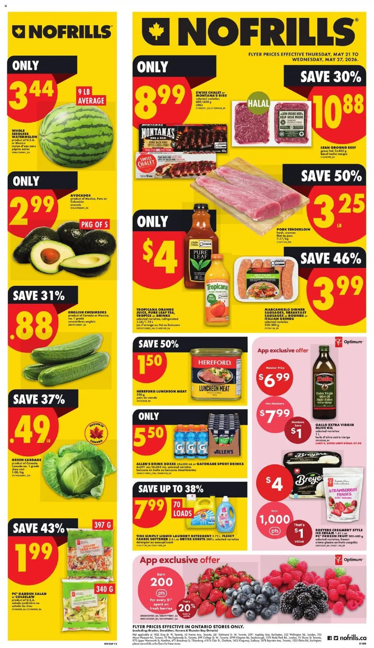 Preview of leaflet No Frills weekly flyer - ON from shop No Frills is valid from May 21, 2026 - Ice, Avocado, Juice, Olive oil, Sausages, Pork tenderloin, Extra virgin olive oil, Frozen fruit