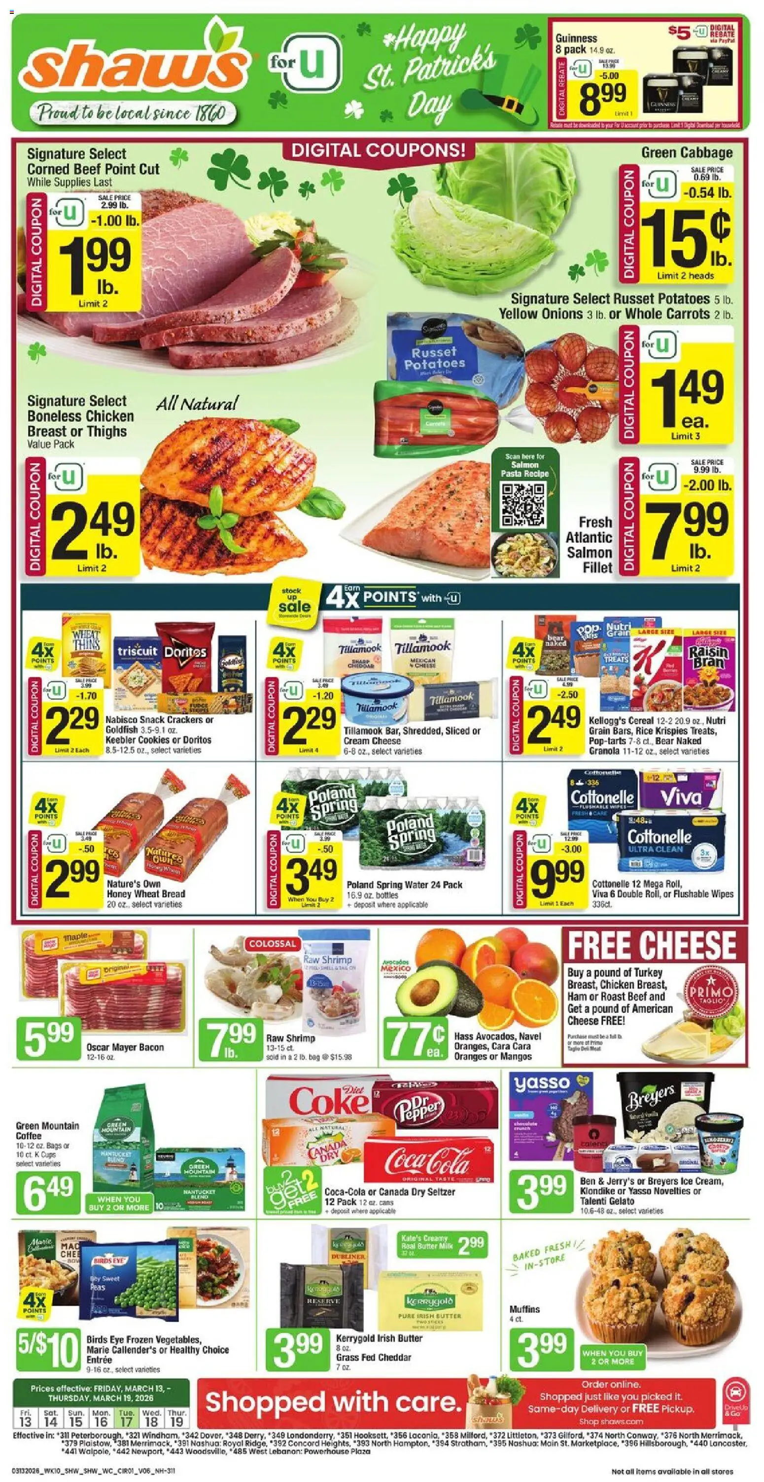 Ad Preview of Shaw's Shaw's Weekly Ad - NH from 03/13/2026 - Ice, Honey, Bread, Carrots, Cream cheese, Muffins, Spring water, Chicken