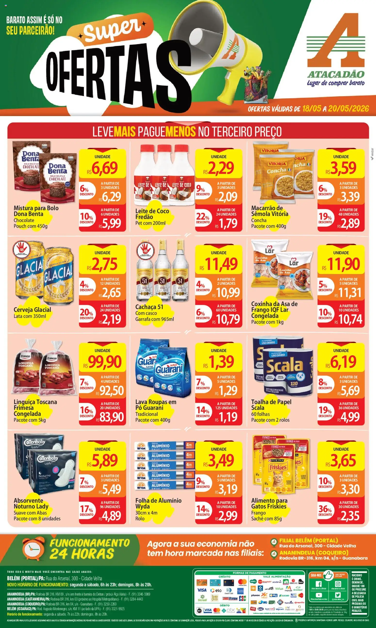 Pré-Visualização do folheto "Atacadão ofertas - PA" da loja Atacadão válido a partir de 18/05/2026 - Chocolate, Macarrão, Absorvente, Leite, Cachaça, Pó, Leite de coco, Cachaça 51