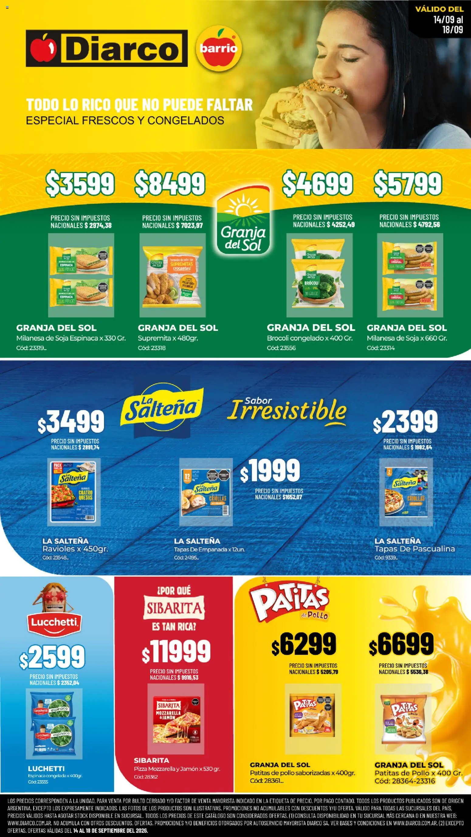 Vista previa del folleto de la tienda Diarco válido desde el 14/09/2026 - Pizza, Milanesa, Pollo, Brocoli, Ravioles, Espinaca, Mozzarella, Jamón