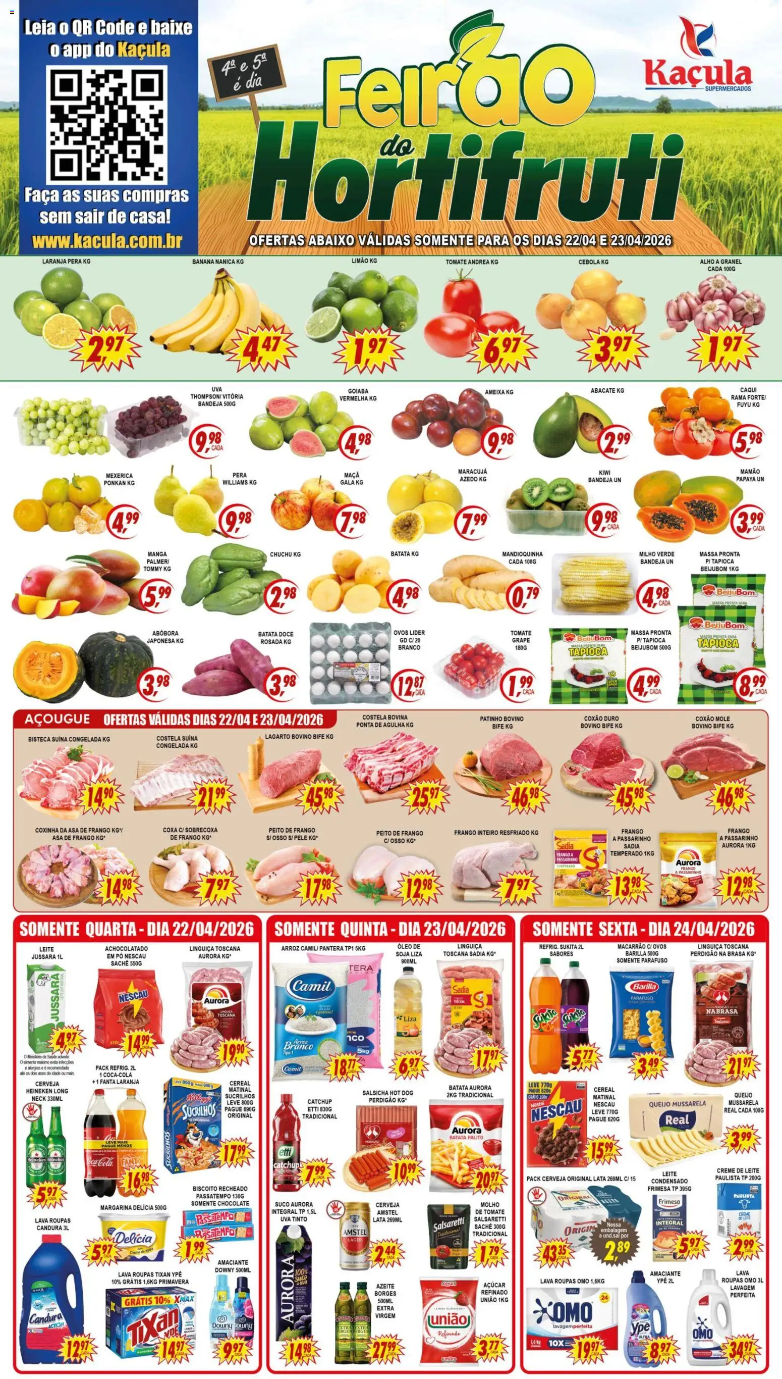 Pré-Visualização do folheto "Kaçula - Ofertas da semana" da loja Kaçula válido a partir de 22/04/2026 - Cerveja, Macarrão, Roupas, Leite condensado, Salsicha, Alho, Milho verde, Asa de frango