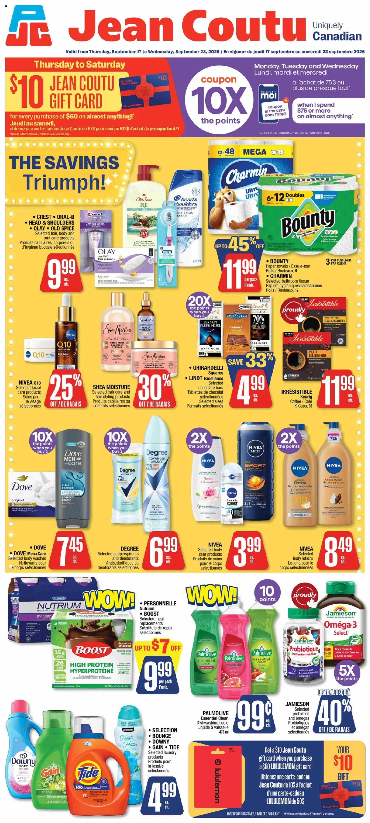 Preview of leaflet Jean Coutu weekly flyer from shop Jean Coutu is valid from Sep 17, 2026 - Coffee, Cocoa, Lindt, Probiotics, Oil, Salt, Hair styling, Head & Shoulders