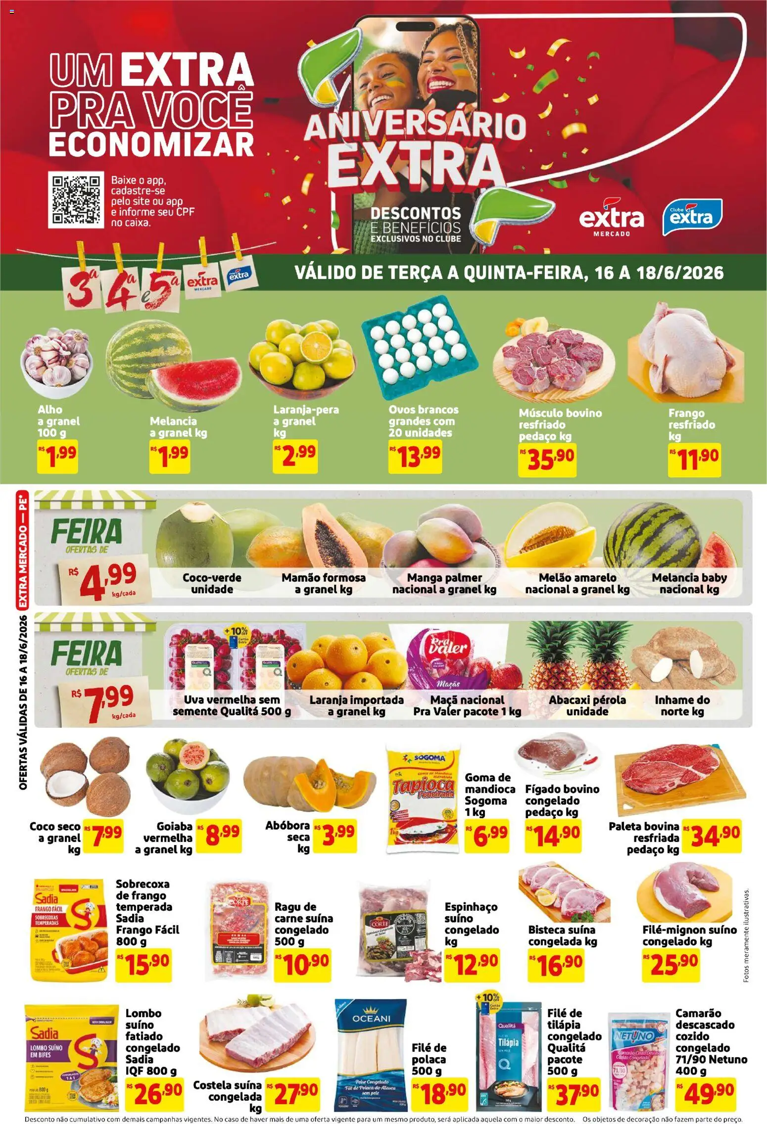 Pré-Visualização do folheto "Extra ofertas de Mercado Terça e Quinta" da loja Extra válido a partir de 16/06/2026 - Inhame, Tapioca, Melão, Alho, Mamão, Tilápia, Melão amarelo, File de polaca