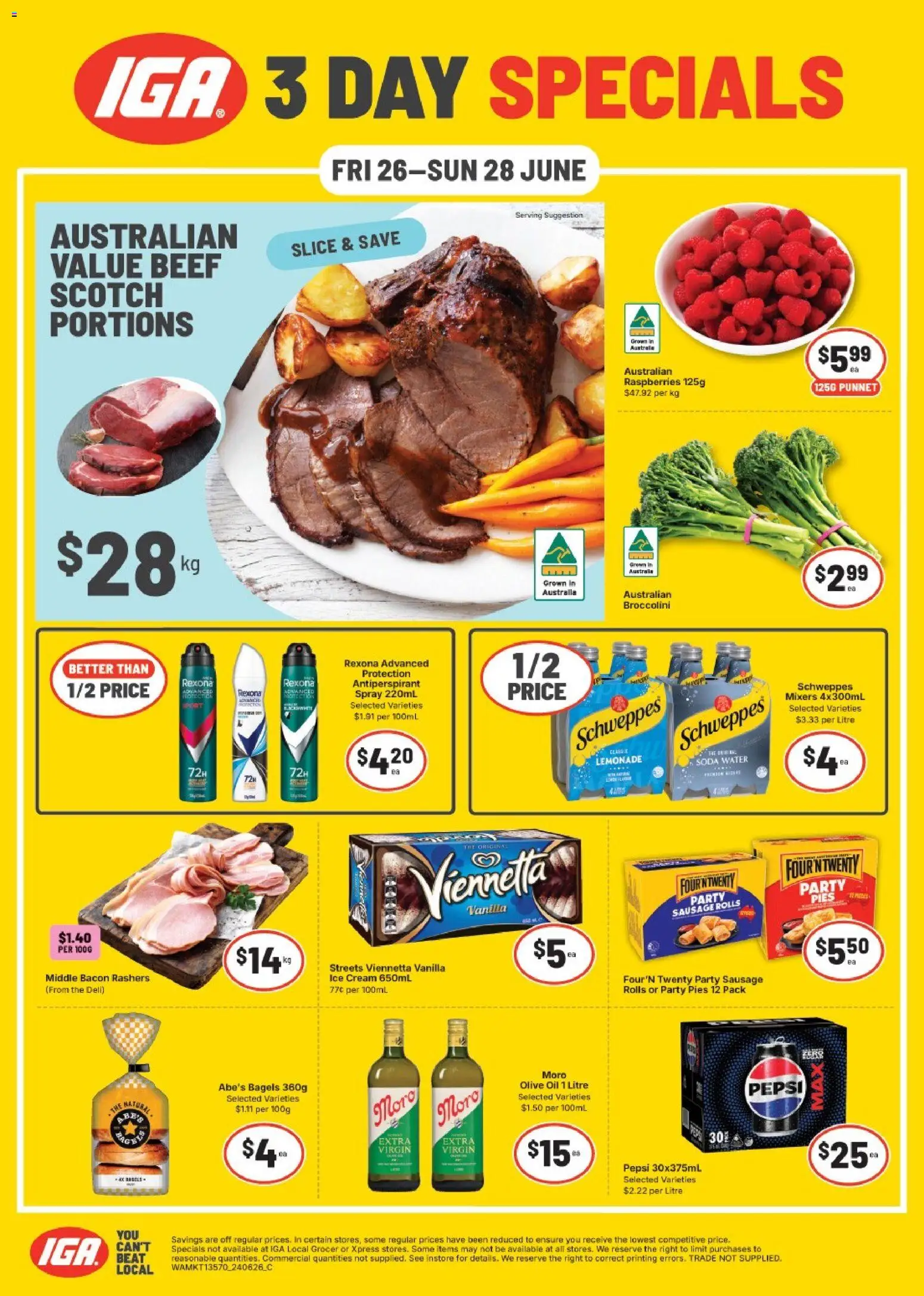 Preview of catalogue IGA 3 Day Specials - NT/WA from shop IGA valid 26/06/2026 - Bagels, Bacon, Oil, Beef, Ice cream, Water, Scotch, Lemonade