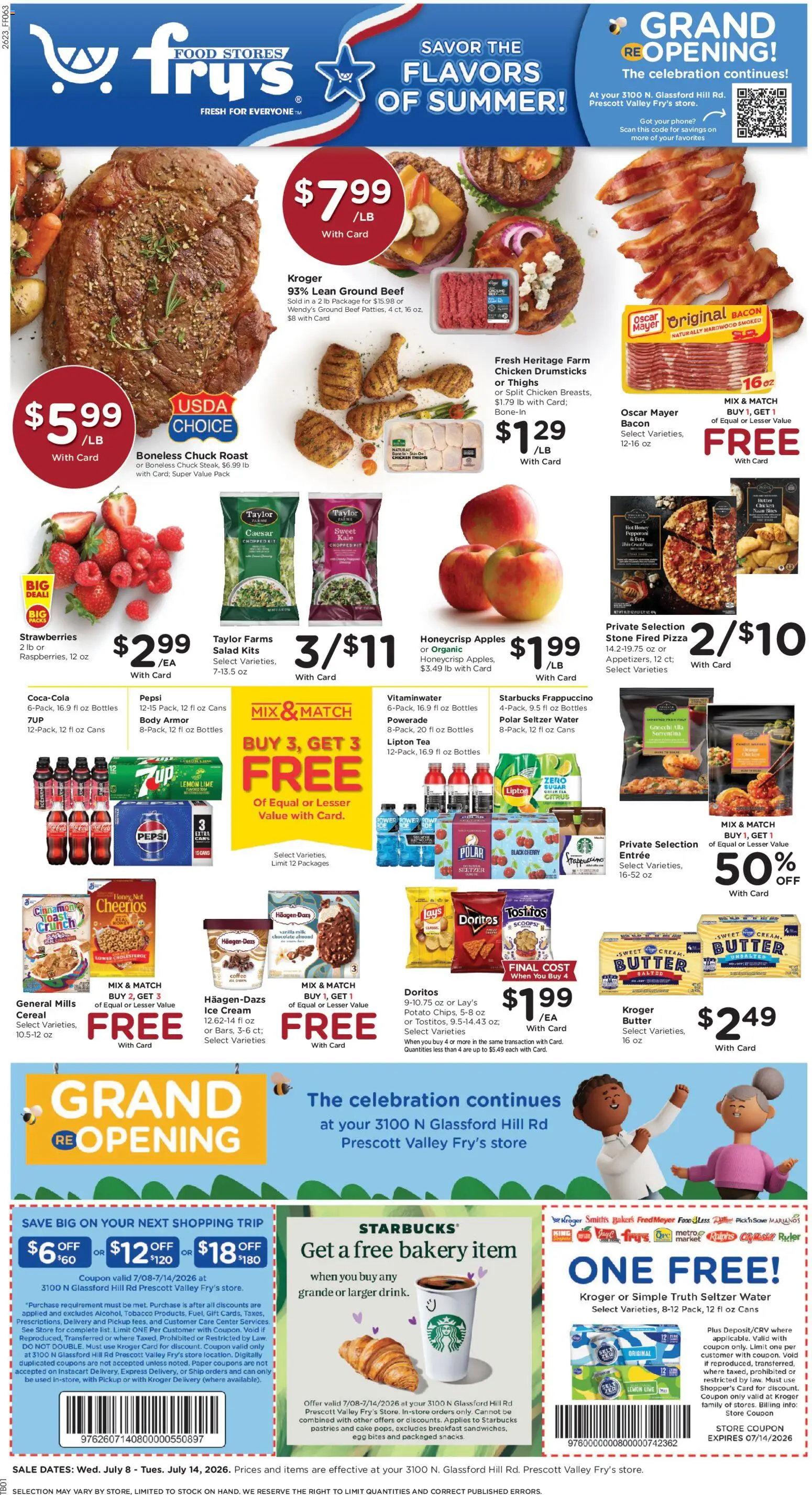 Ad Preview of Fry's Food Fry's Food Weekly Ad from 07/08/2026 - Coffee, Apples, Cake, Hoe, Sugar, Beef, Chicken thighs, Cream