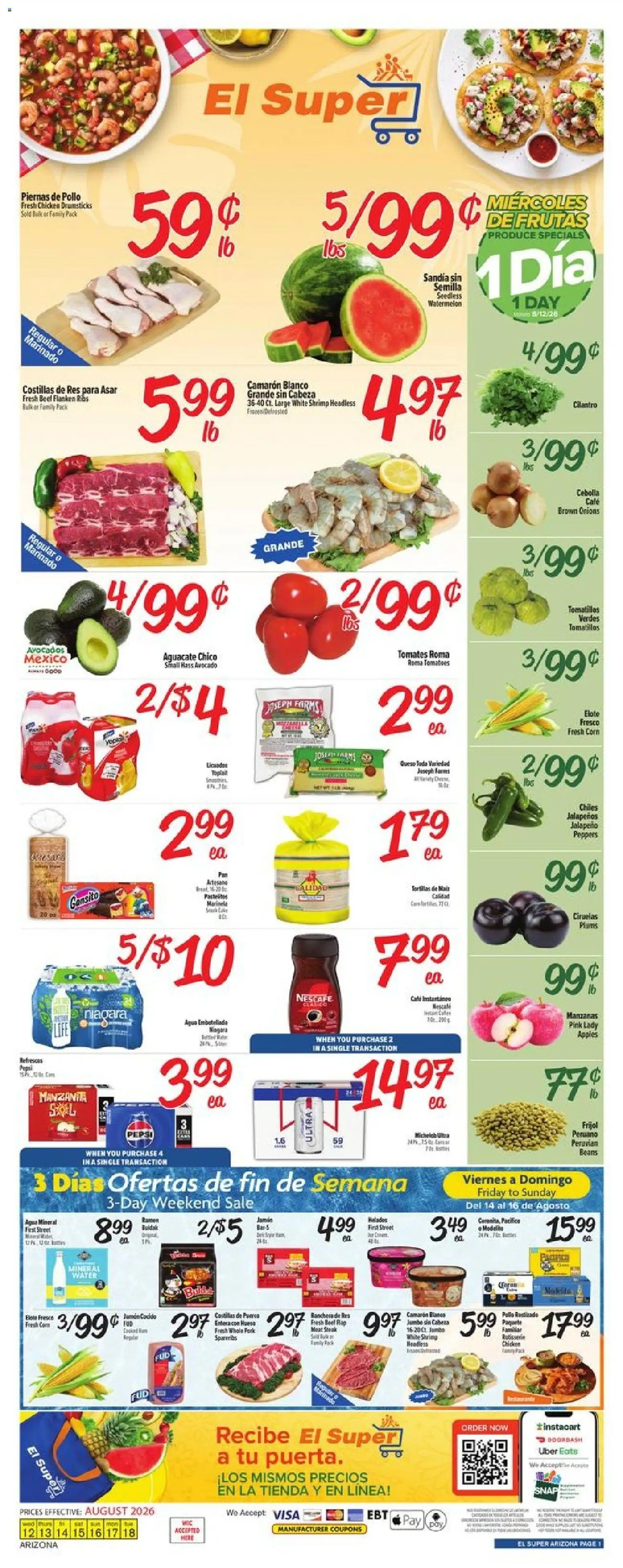 Ad Preview of El Super El Super Weekly Ad - AK from 08/12/2026 - Avocado, Tomatoes, Pepsi, Peppers, Plums, Pork, Chicken drumsticks, Chicken