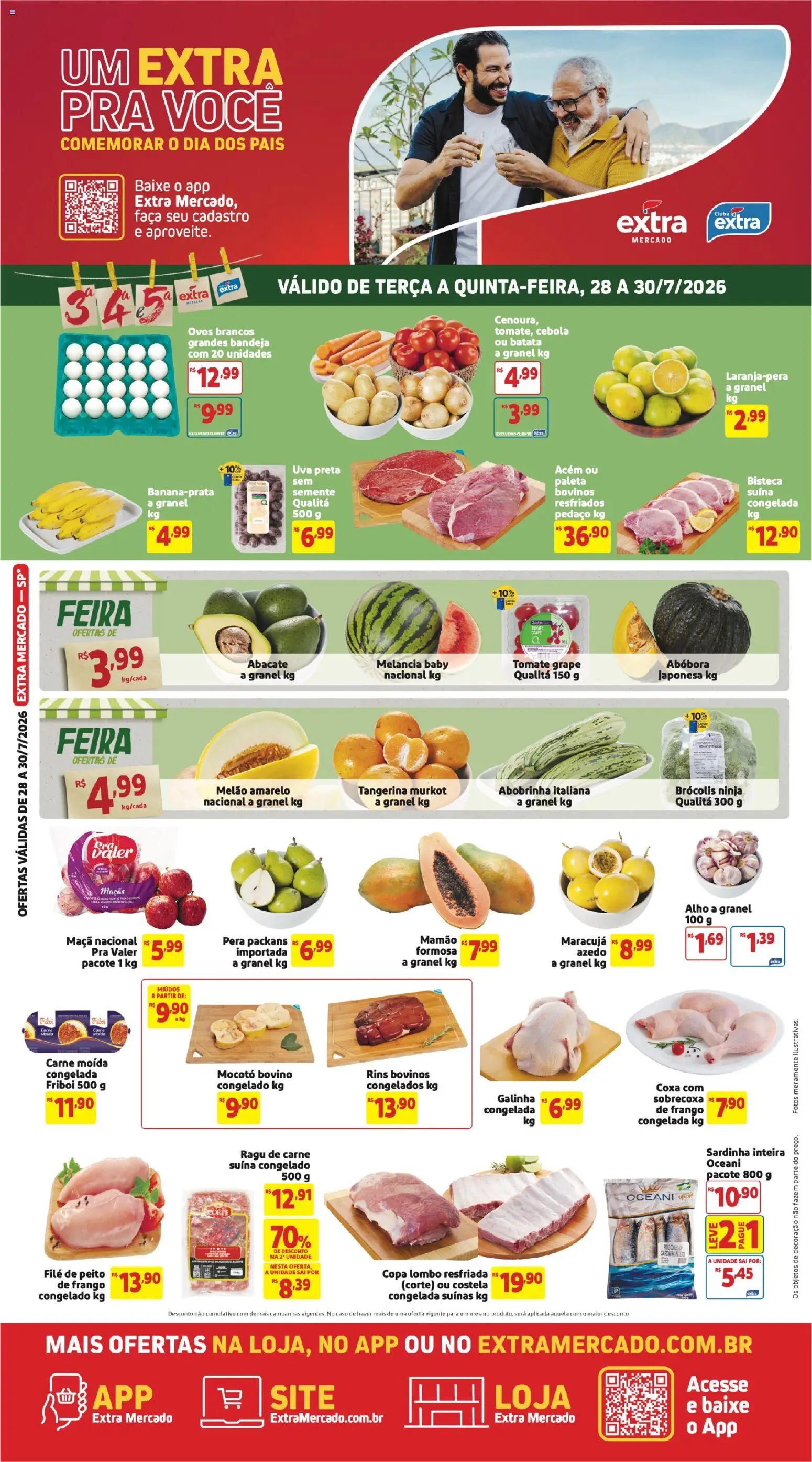 Pré-Visualização do folheto "Extra ofertas de Mercado Terça e Quinta" da loja Extra válido a partir de 28/07/2026 - Maçãs, Brócolis, Batata, Frango, Pera, Tomate, Sardinha, Melão amarelo