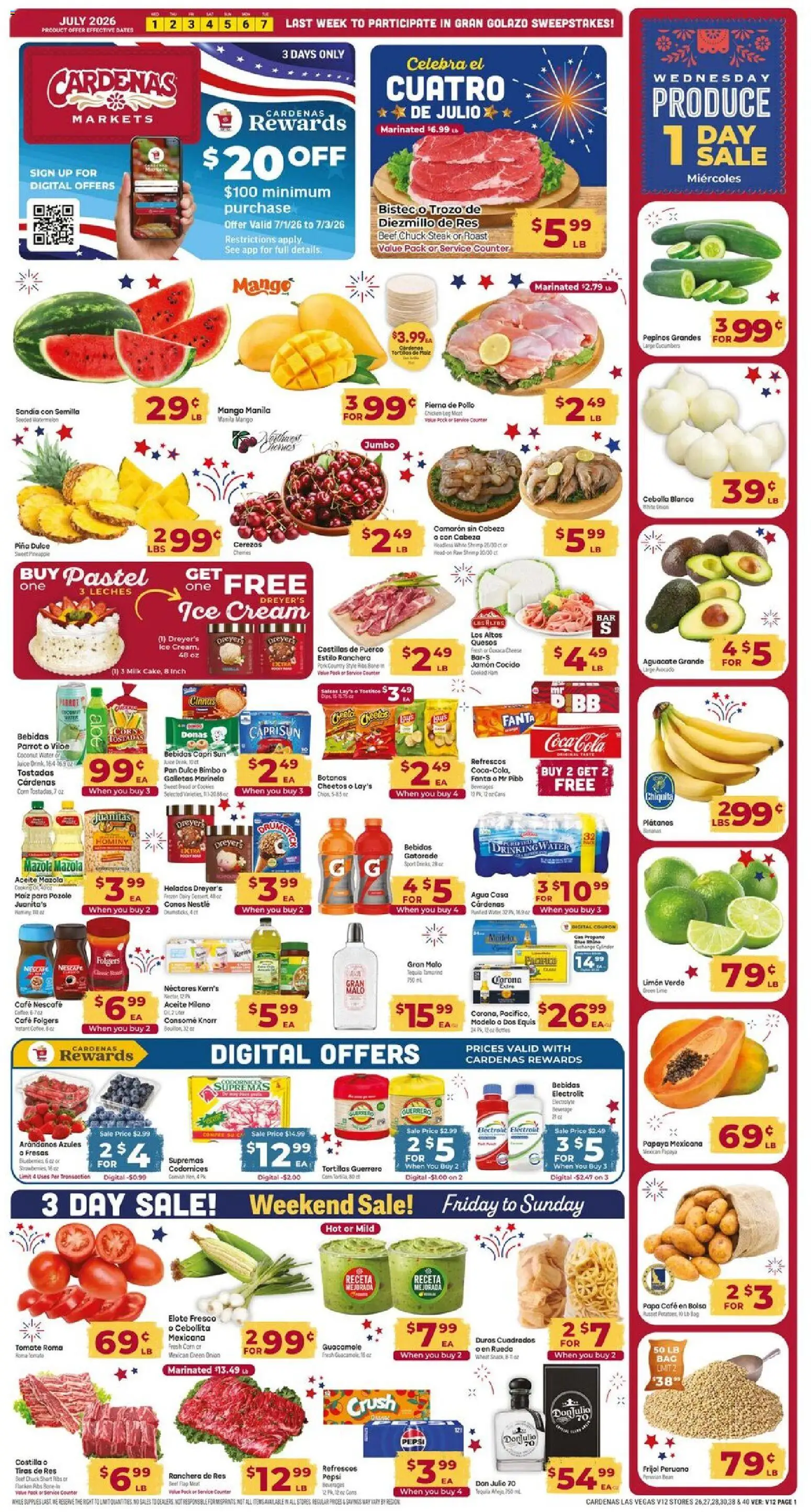 Ad Preview of Cardenas Cardenas Weekly Ad from 07/01/2026 - Cookies, Ice, Cheese, Pan, Guacamole, Cream, Fanta, Beef chuck