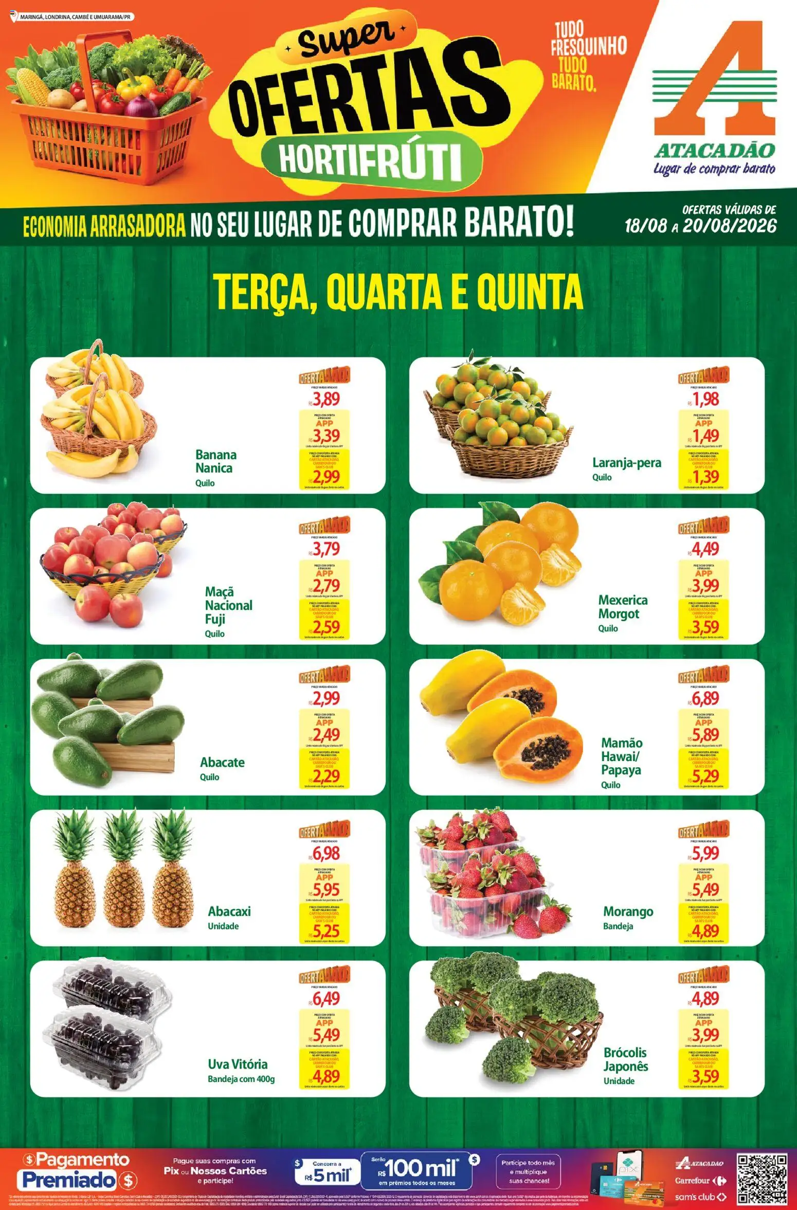 Pré-Visualização do folheto "Atacadão ofertas - PR" da loja Atacadão válido a partir de 18/08/2026 - Uva, Abacaxi, Brócolis, Abacate, Mexerica, Bandeja, Mamão