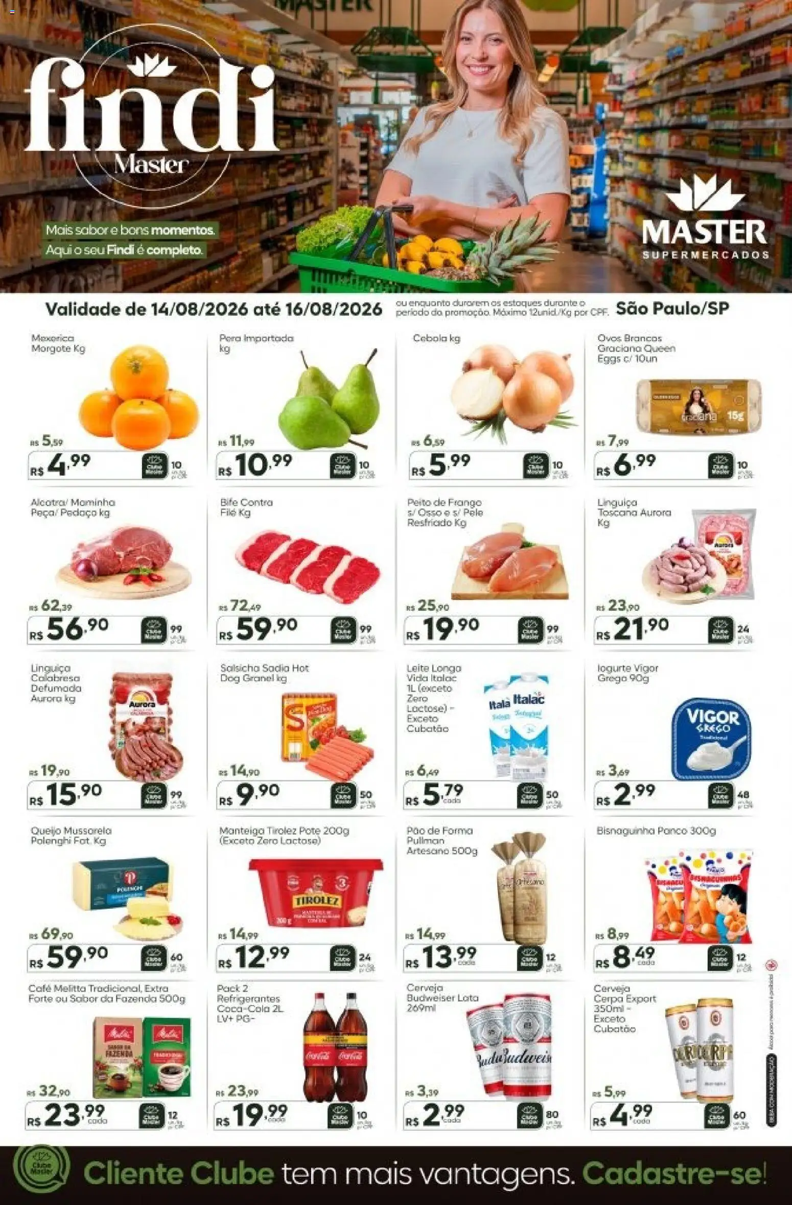 Pré-Visualização do folheto "Master - Ofertas da semana" da loja Master válido a partir de 14/08/2026 - Café, Salsicha, Ovos, Leite, Frango, Manteiga, Peito de frango, Linguiça
