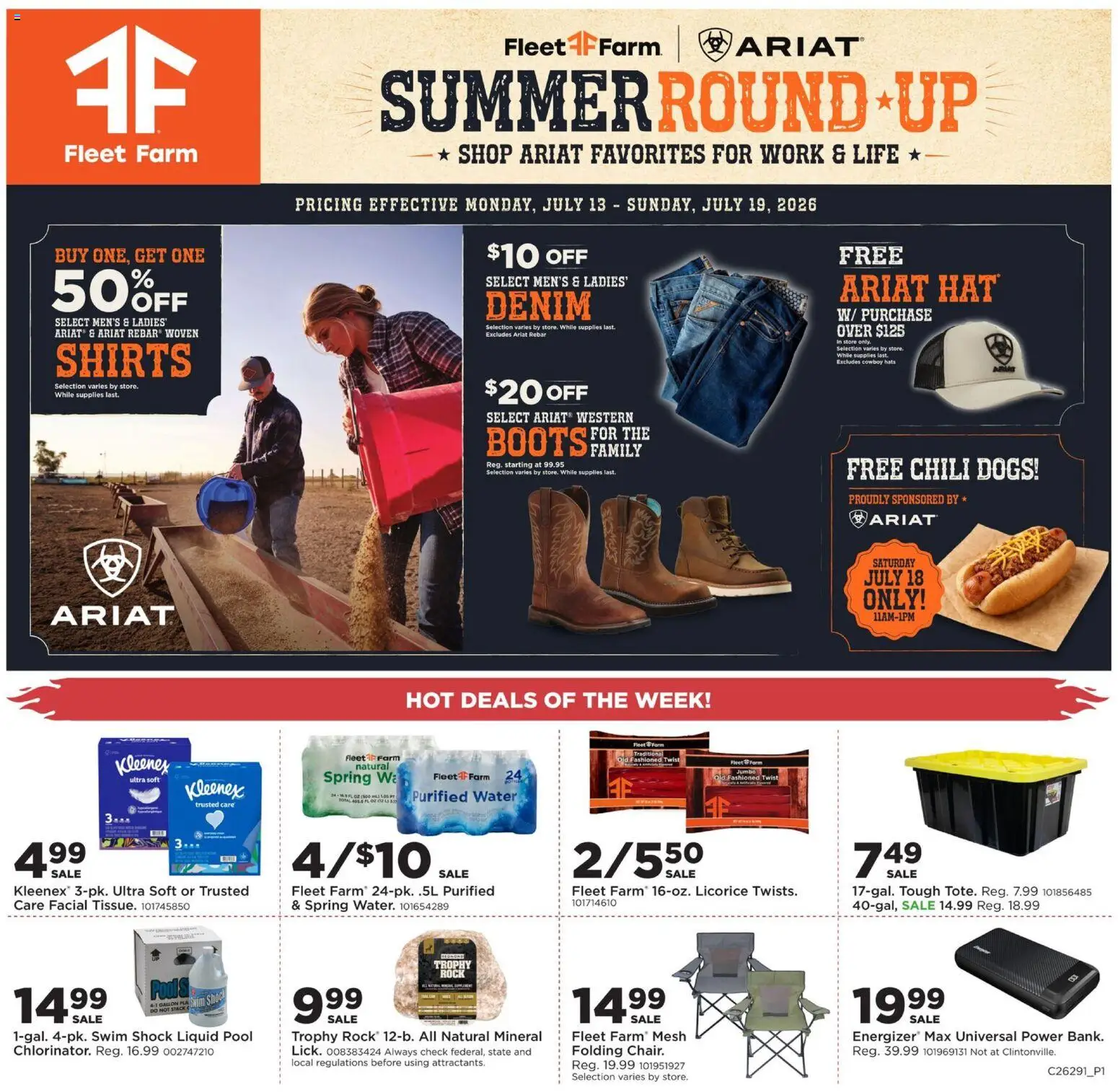 Ad Preview of Mills Fleet Farm Mills Fleet Farm Weekly Ad from 07/13/2026 - Chili, Water, Boots, Hat, Shock