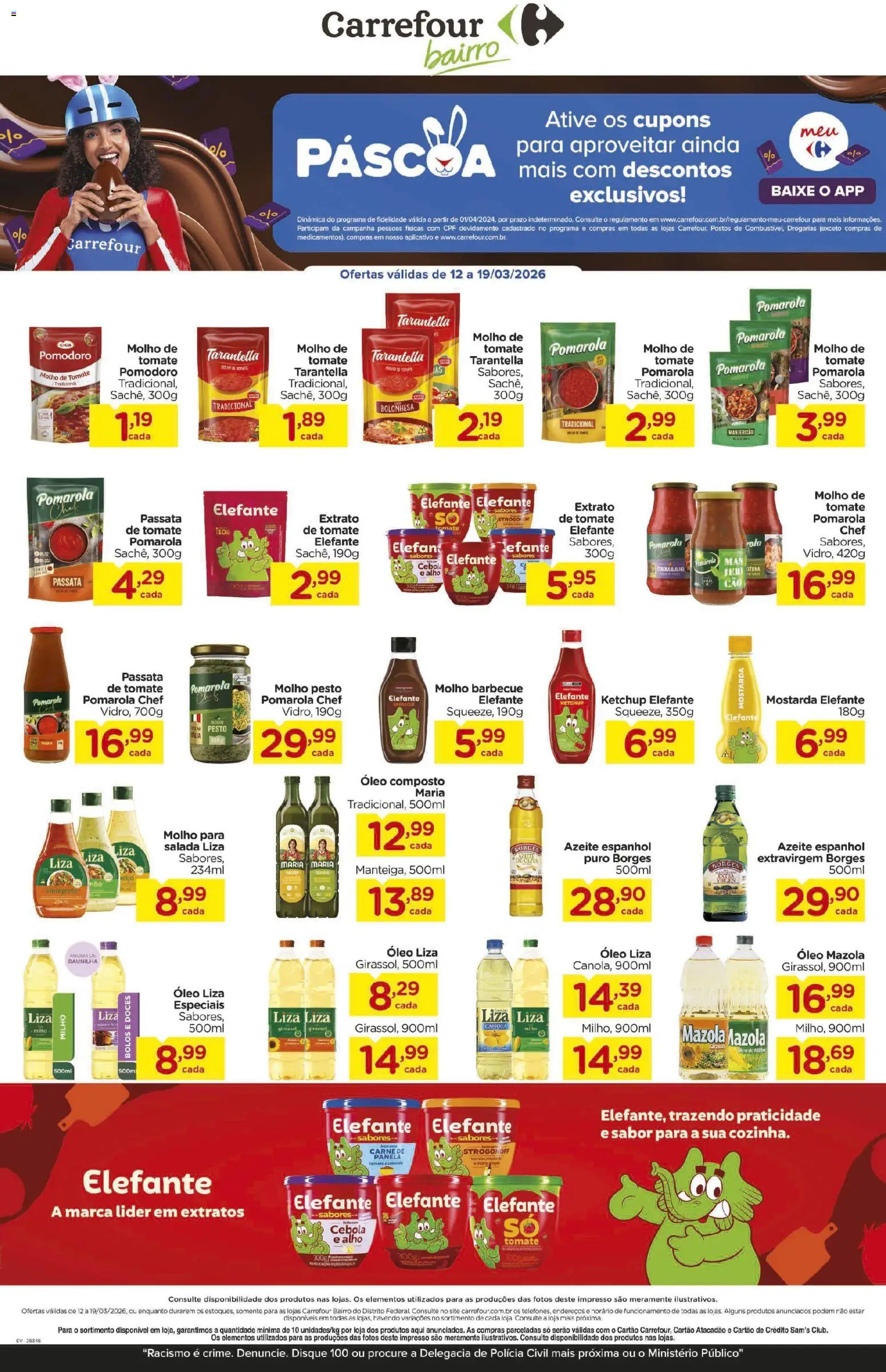 Pré-Visualização do folheto "Carrefour Bairro ofertas Páscoa" da loja Carrefour Bairro válido a partir de 12/03/2026 - Óleo, Doces, Manjericão, Carne, Tomate, Milho, Baunilha, Cebola