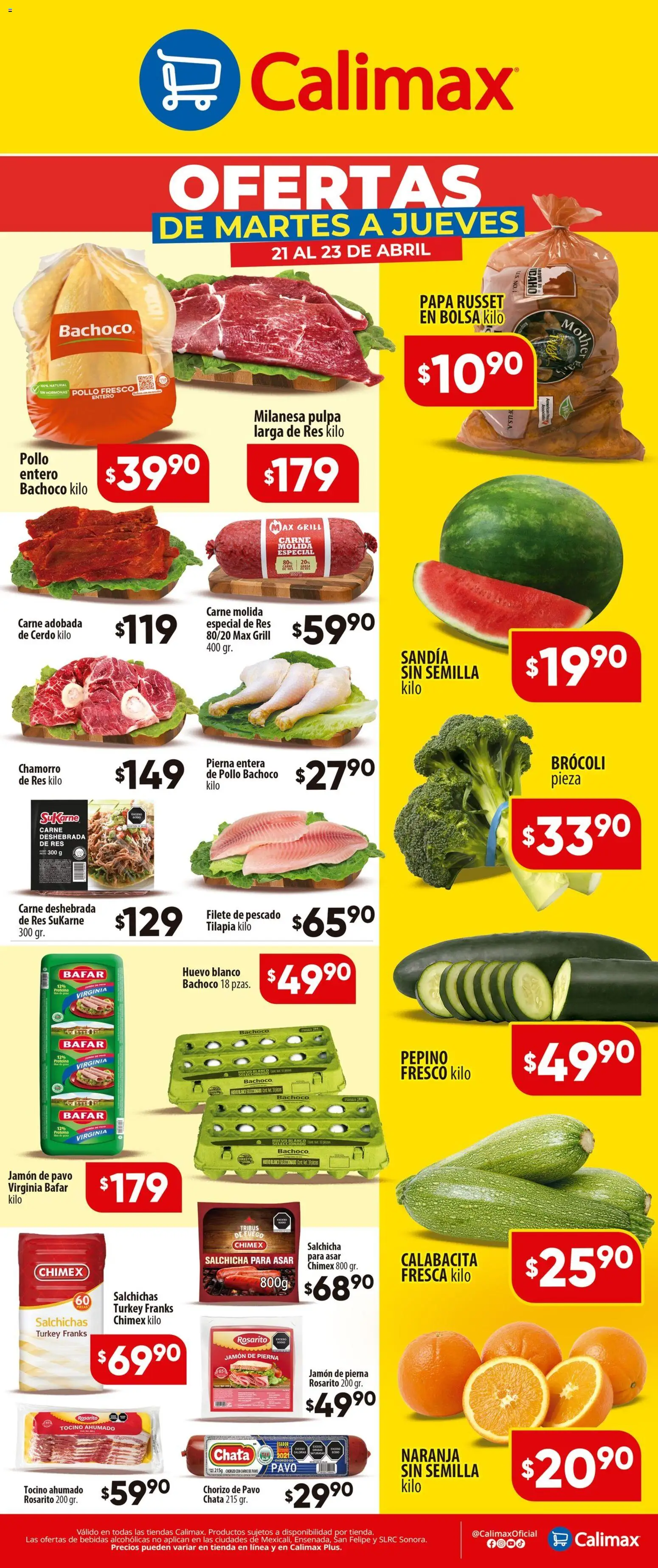 Vista previa las ofertas de la tienda Calimax - Calimax folleto desde el 21/04/2026 - Bolsa, Huevo, Carne, Pavo, Pepino, Tilapia, Milanesa, Filete
