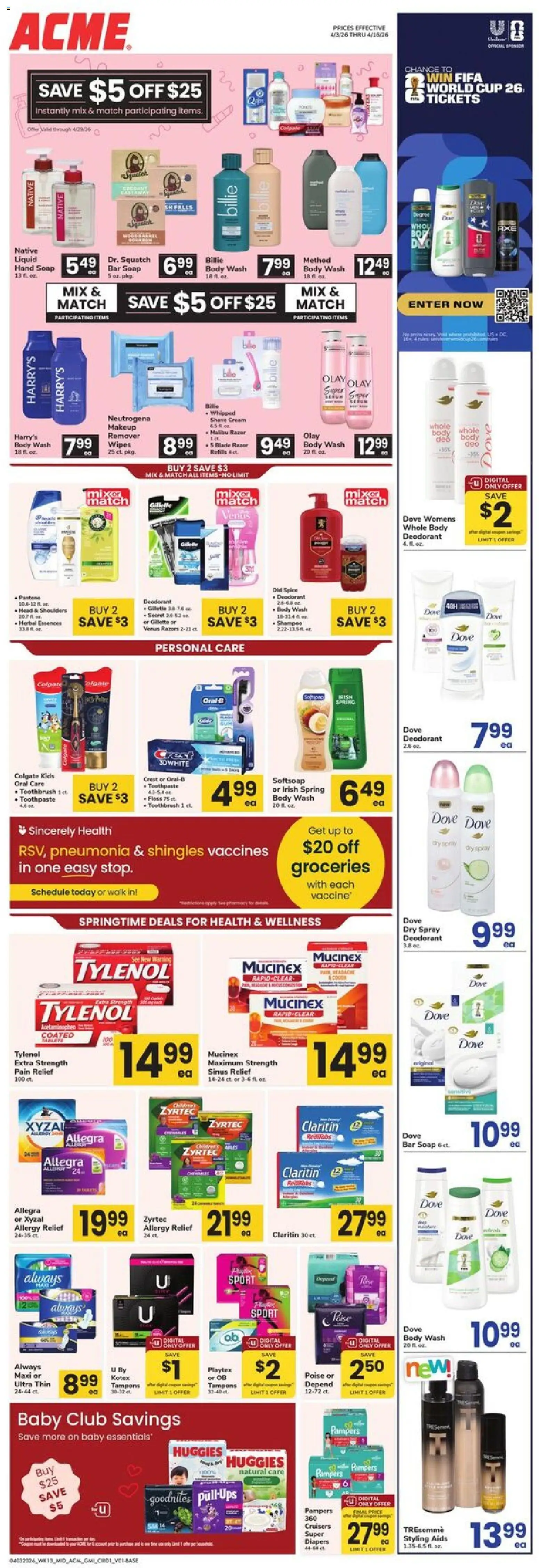 Ad Preview of Acme Acme Ad from 04/03/2026 - Groceries, Tampons, Diapers, Cream, Toothpaste, Toothbrush, Body Wash, Bar Soap