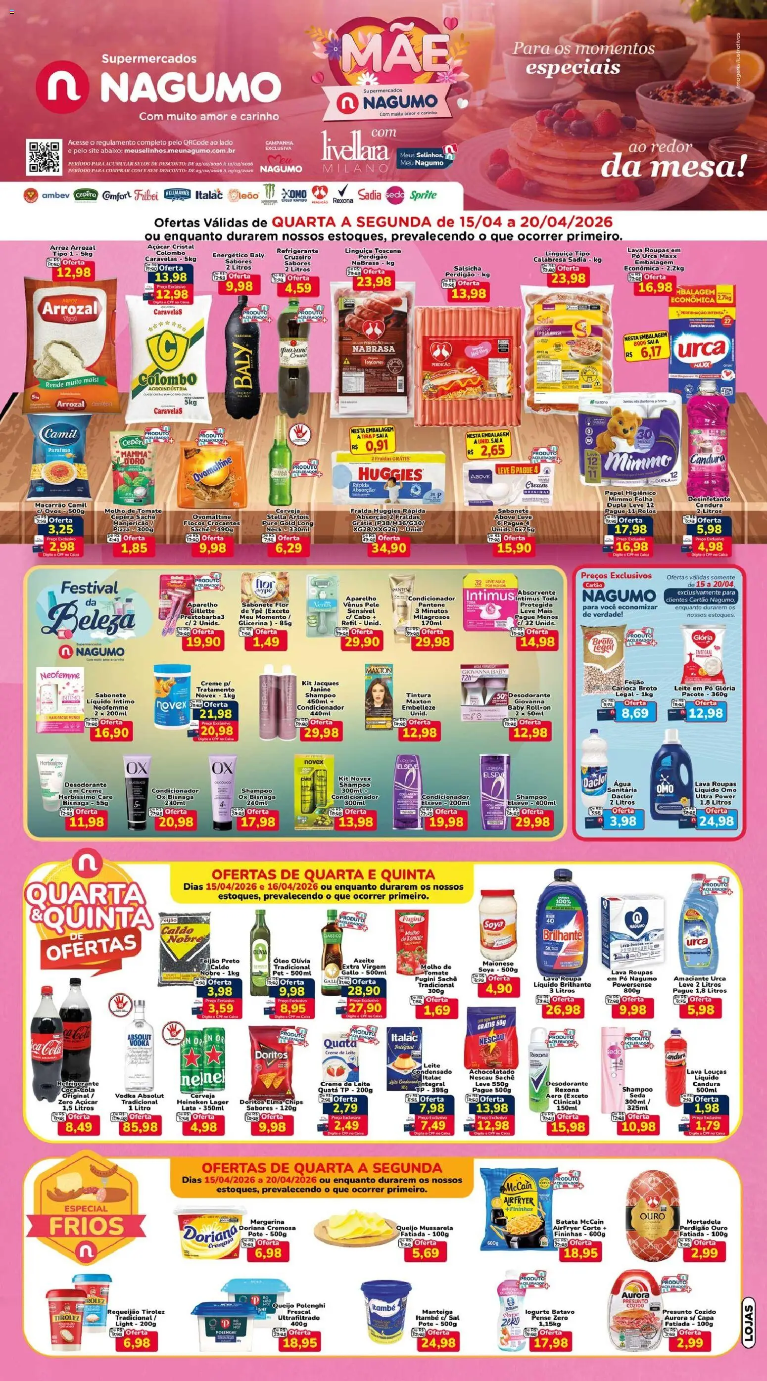 Pré-Visualização do folheto "Nagumo - Ofertas da semana" da loja Nagumo válido a partir de 15/04/2026 - Pá, Mesa, Fraldas, Manjericão, Desinfetante, Refrigerante, Campainha, Margarina