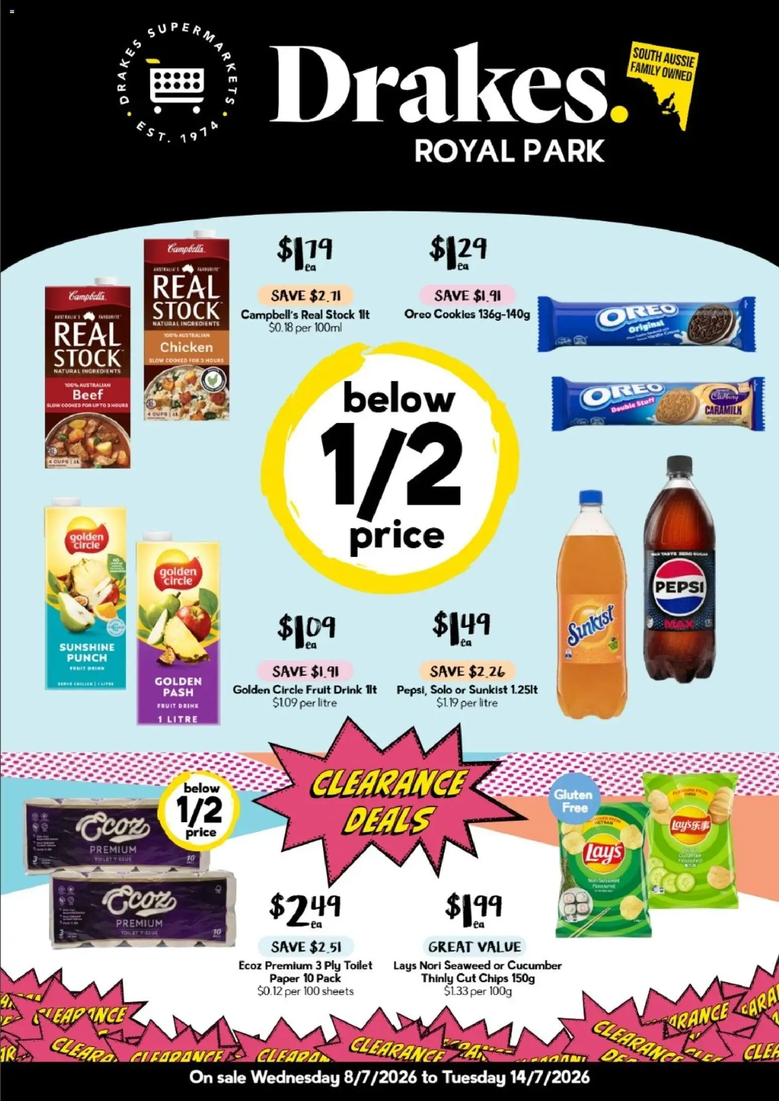 Preview of catalogue Drakes Royal Park from shop Drakes valid 08/07/2026 - Cups, Toilet, Chicken, Beef, Pepsi, Chips, Oreo, Fruit