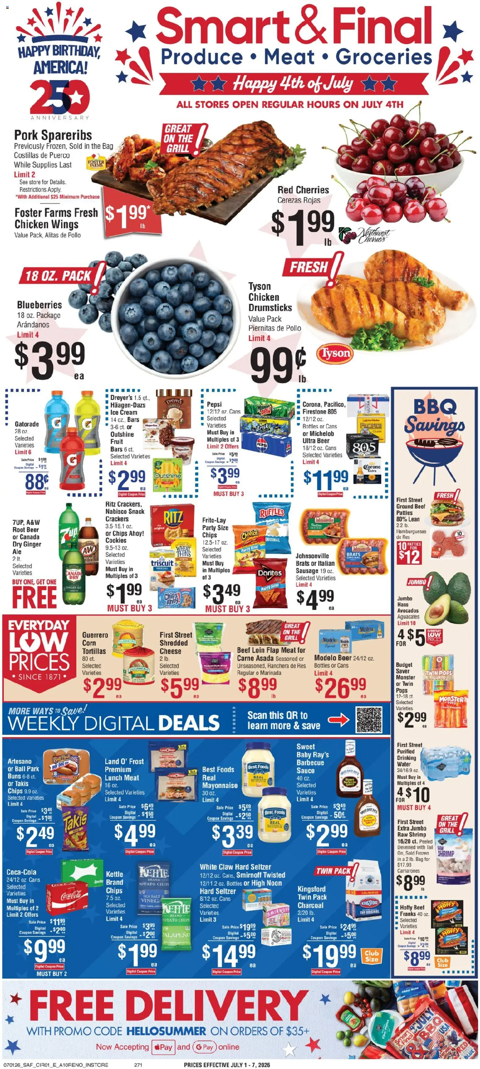 Ad Preview of Smart & Final Smart & Final Weekly Ad from 07/01/2026 - Cheese, Shrimp, Chicken wings, Lemon, Sprite, Drumsticks, Chicken drumsticks, Frozen shrimp