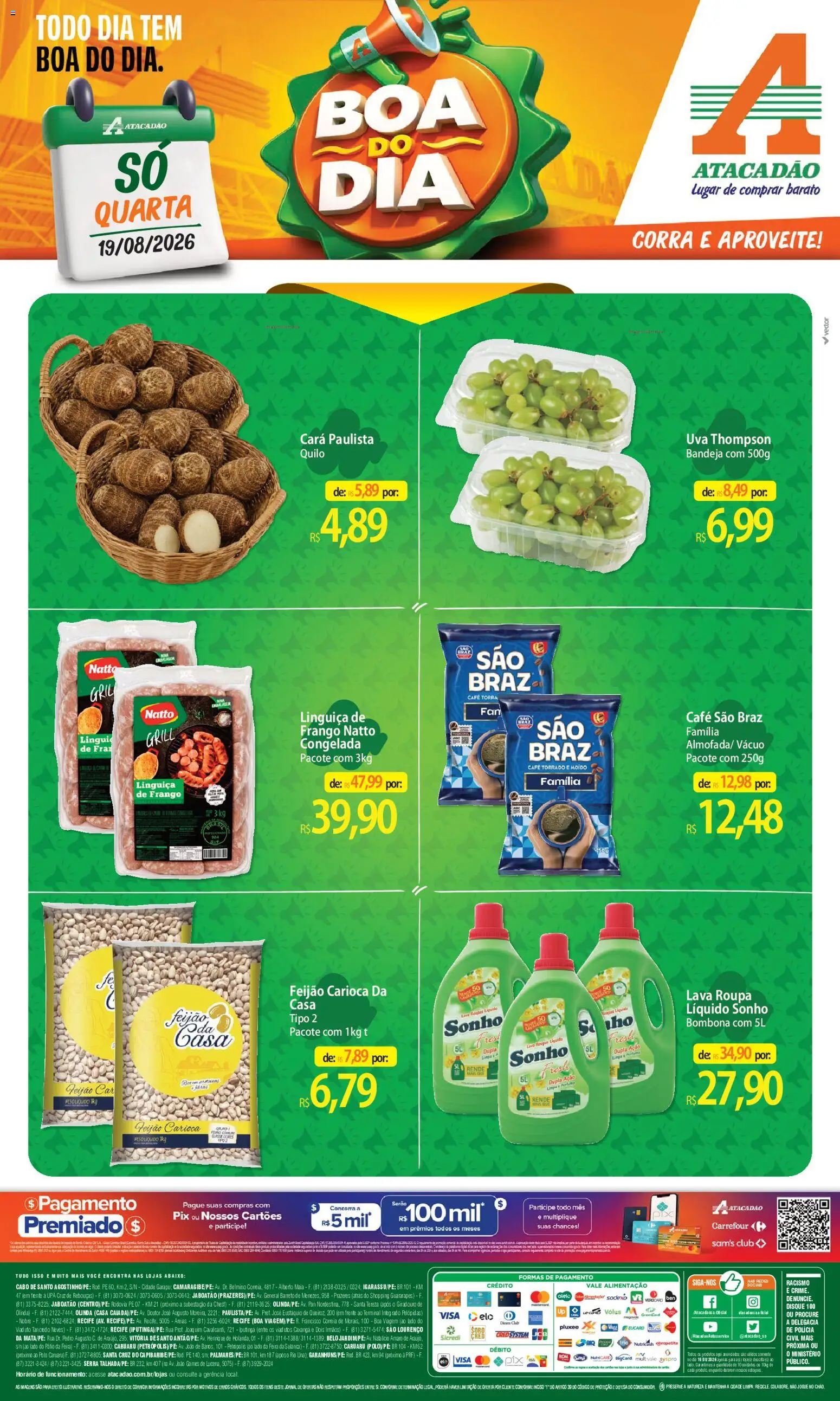 Pré-Visualização do folheto "Atacadão ofertas - PE" da loja Atacadão válido a partir de 19/08/2026 - Café, Roupas, Uva, Feijão, Linguiça, Bandeja, Cará, Cabo