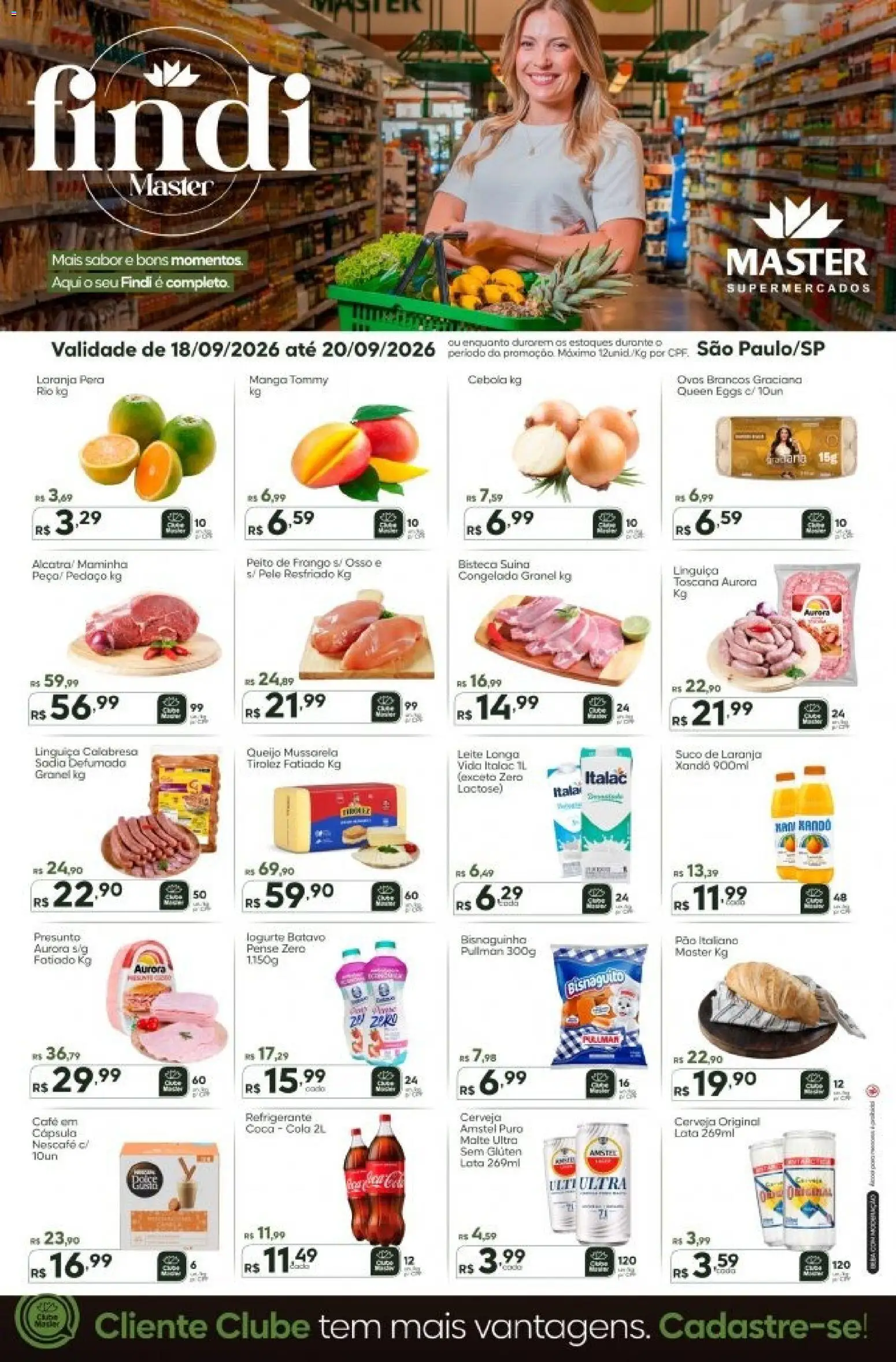 Pré-Visualização do folheto "Master - Ofertas da semana" da loja Master válido a partir de 18/09/2026 - Cerveja, Ovos, Queijo, Suco, Refrigerante, Peito de frango, Cebola, Presunto