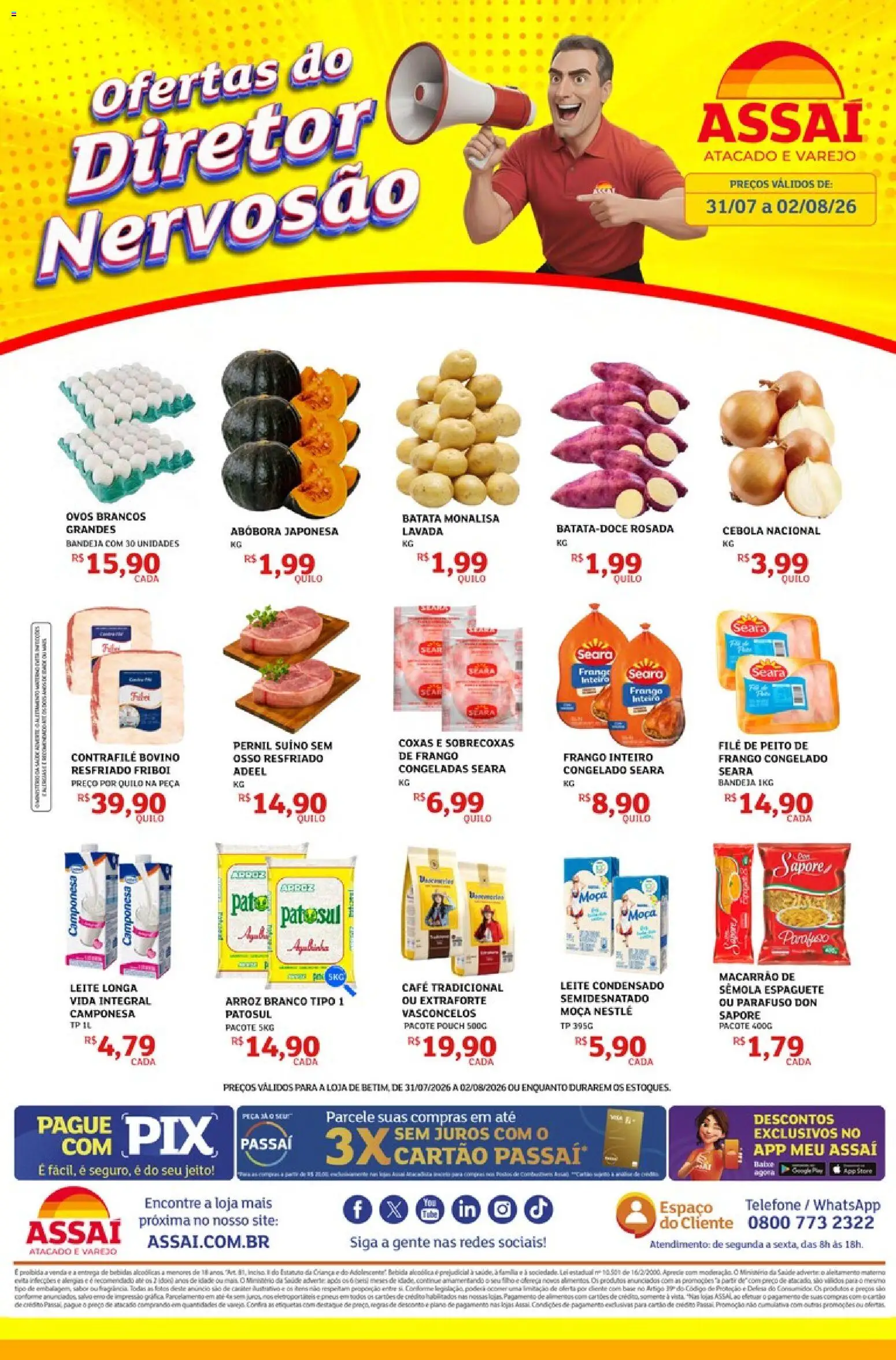 Pré-Visualização do folheto "Assaí Atacadista ofertas - MG" da loja Assaí Atacadista válido a partir de 31/07/2026 - Macarrão, Leite condensado, Pato, Bebidas, Abóbora, Cebola, Bandeja, Pernil suíno