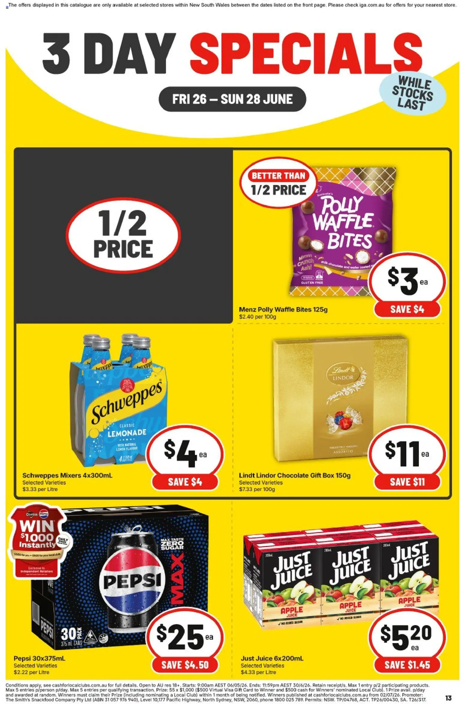 Preview of catalogue IGA -3 Day Specials - NSW from shop IGA valid 26/06/2026 - Box, Chocolate, Juice, Pepsi, Sugar, Phone, Lemonade, Lindor