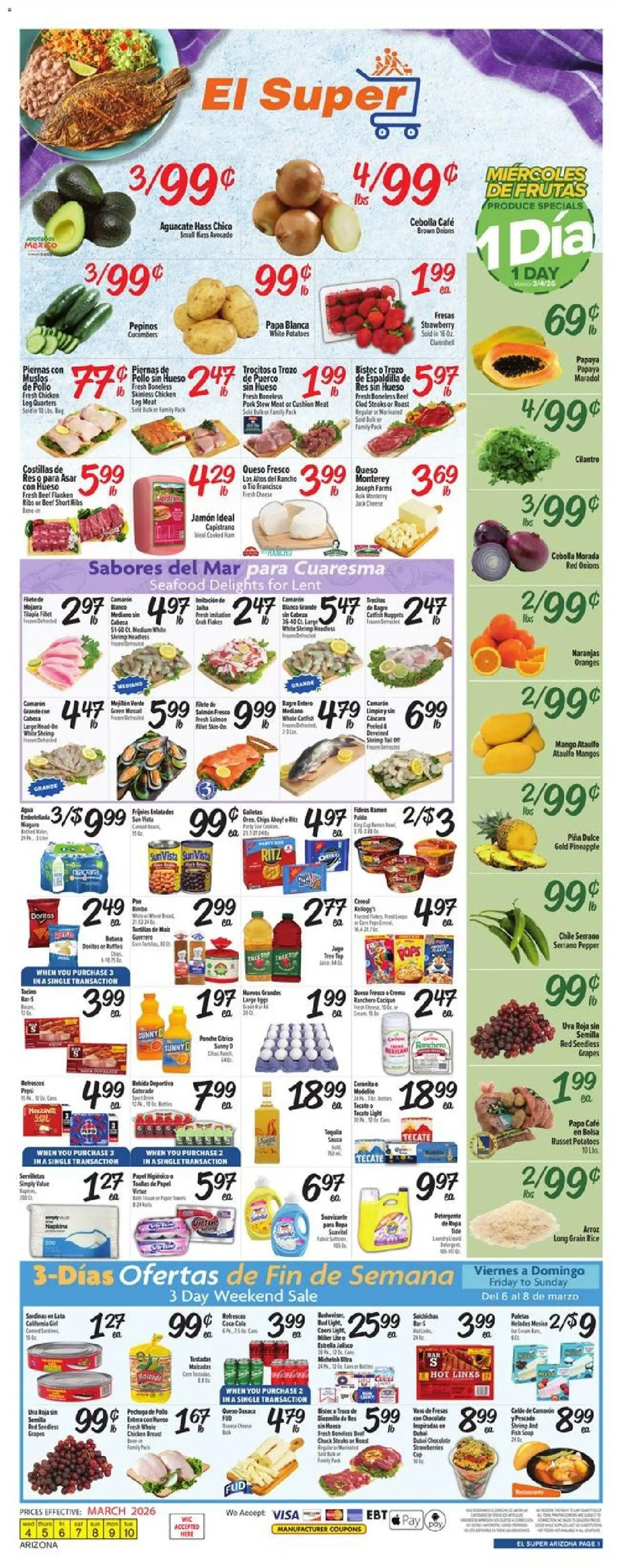 Ad Preview of El Super El Super Weekly Ad - AK from 03/04/2026 - Seafood, Chocolate, Eggs, Cereal, Rice, Cucumbers, Pepper, Seedless grapes