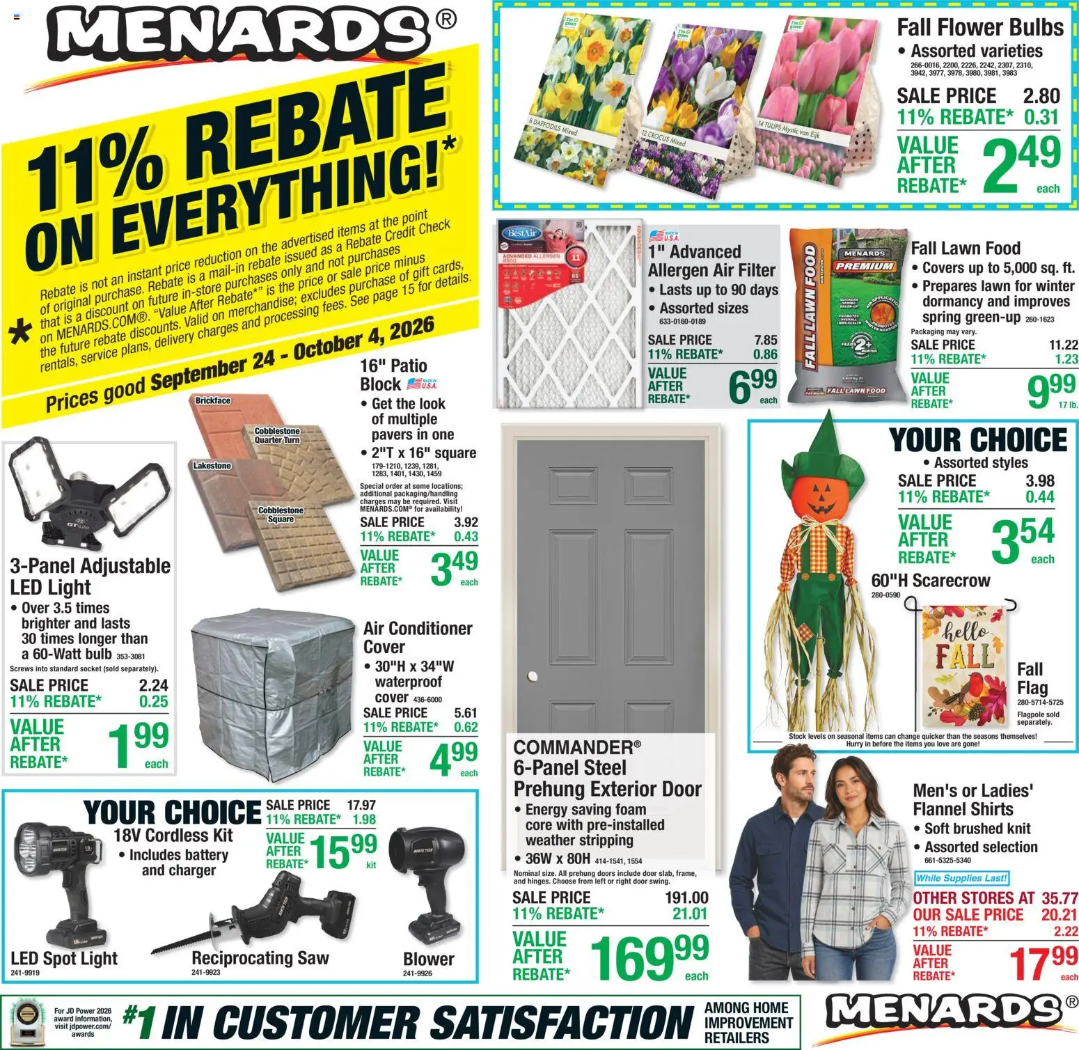 Ad Preview of Menards Menards Weekly Ad from 09/24/2026 - Tulips, Battery, Air conditioner, LED light, Air Filter, Reciprocating Saw, Socket, Conditioner